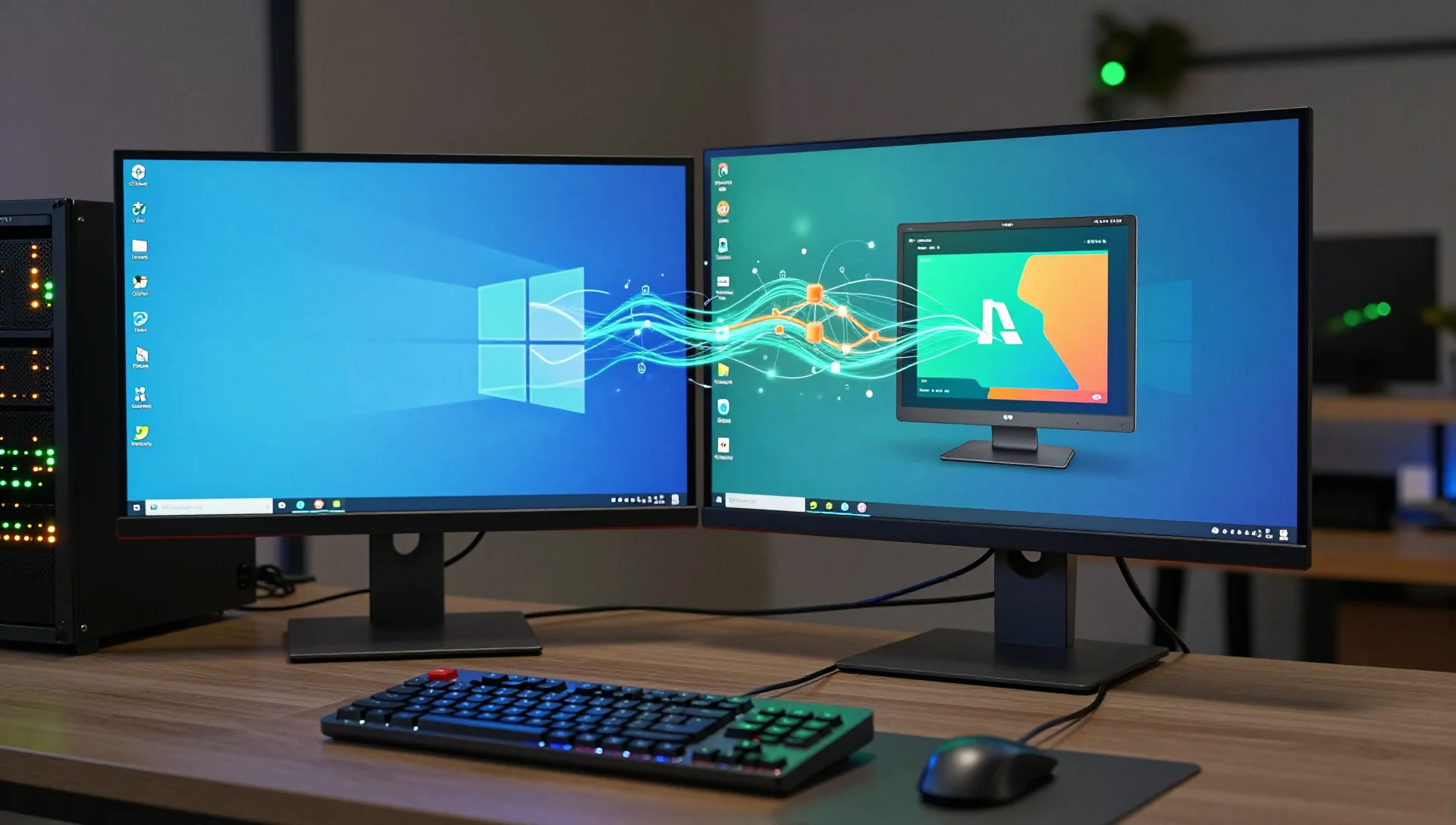 Dual-monitor workstation connecting Windows and Linux desktop environments through glowing digital bridge.