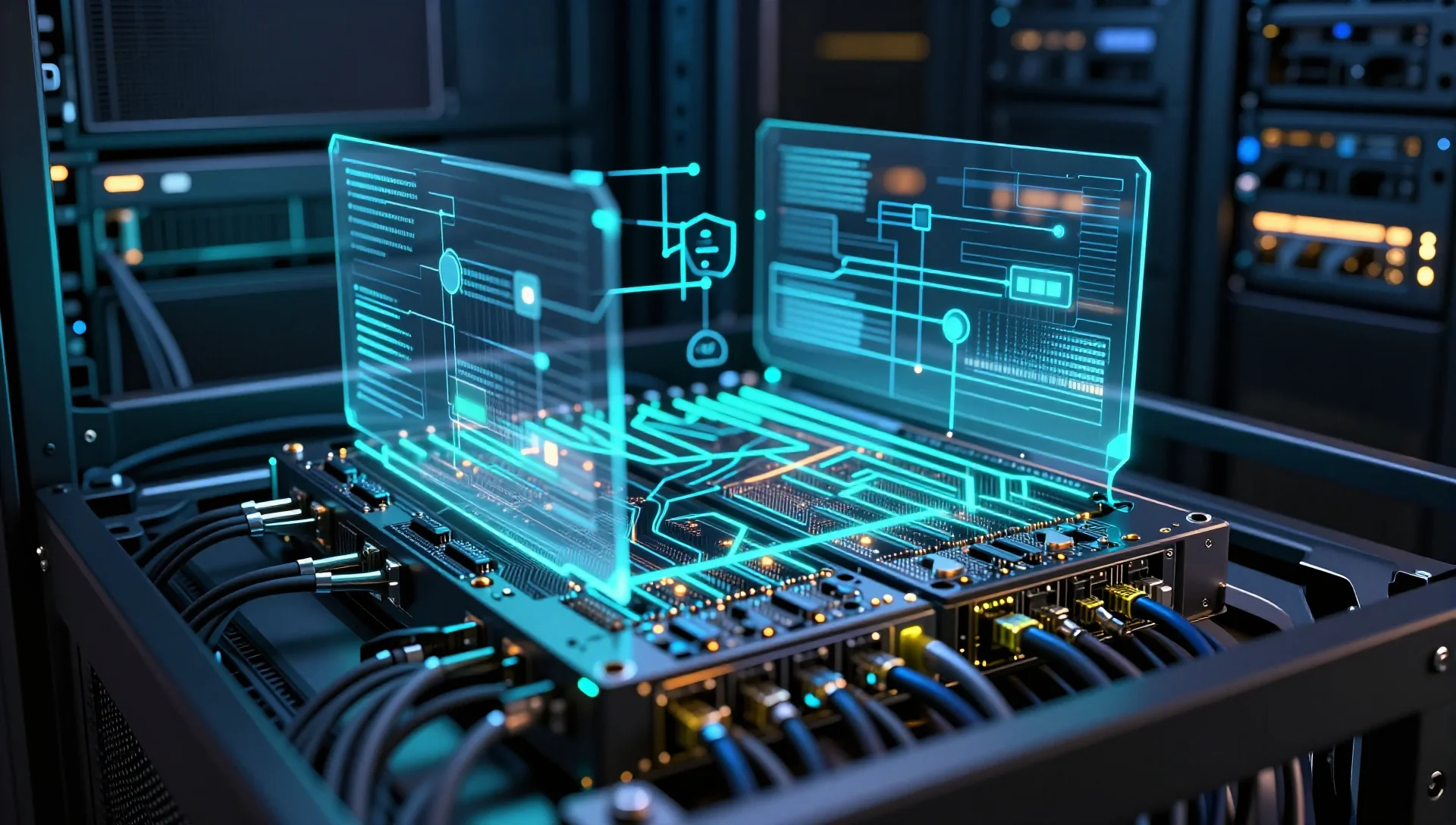 Glowing server rack nodes connected by automated workflow streams in a dark data center.