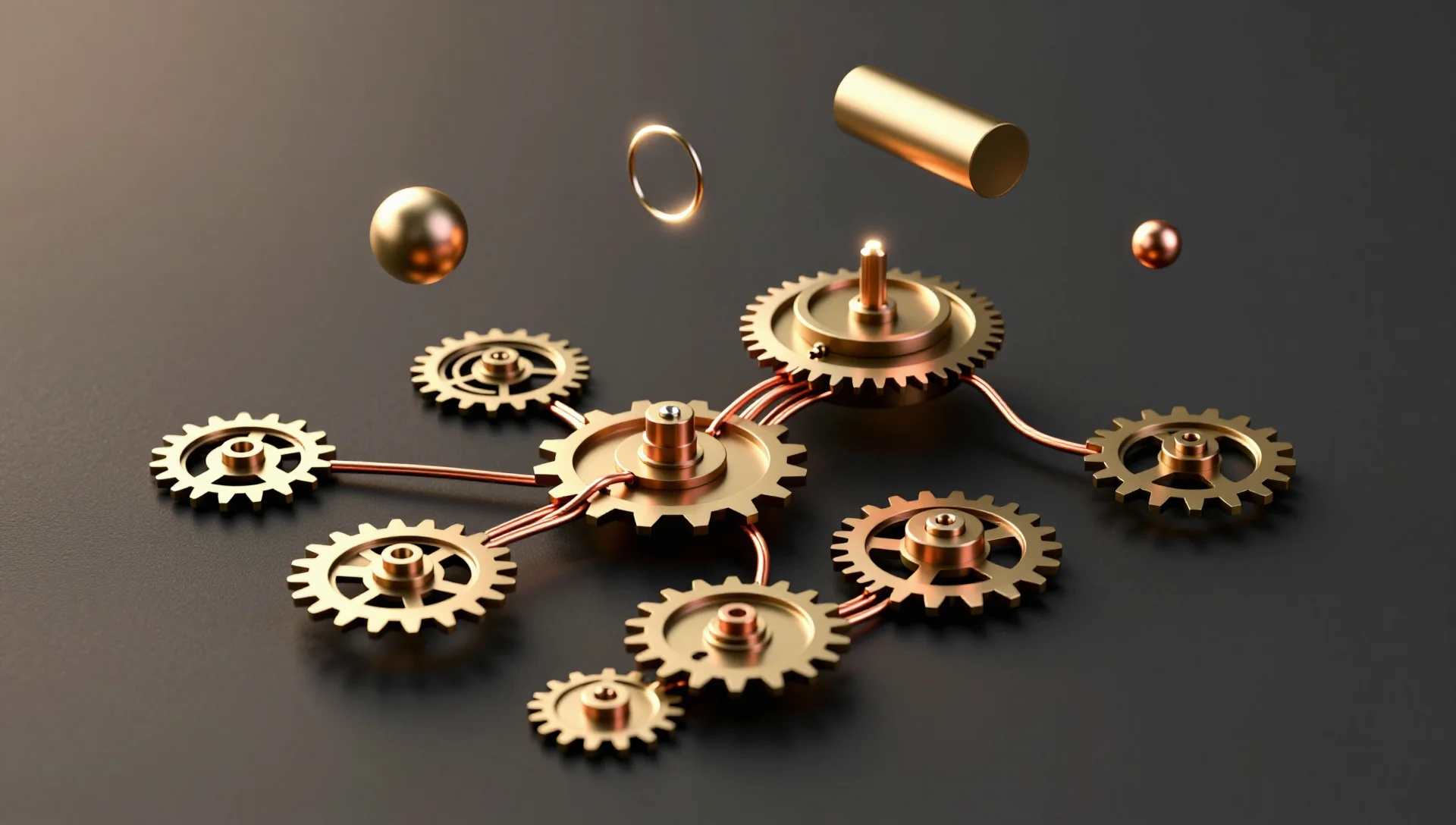 Brass gears connected by thin cables arranged on dark surface with warm ambient light and floating geometric shapes.