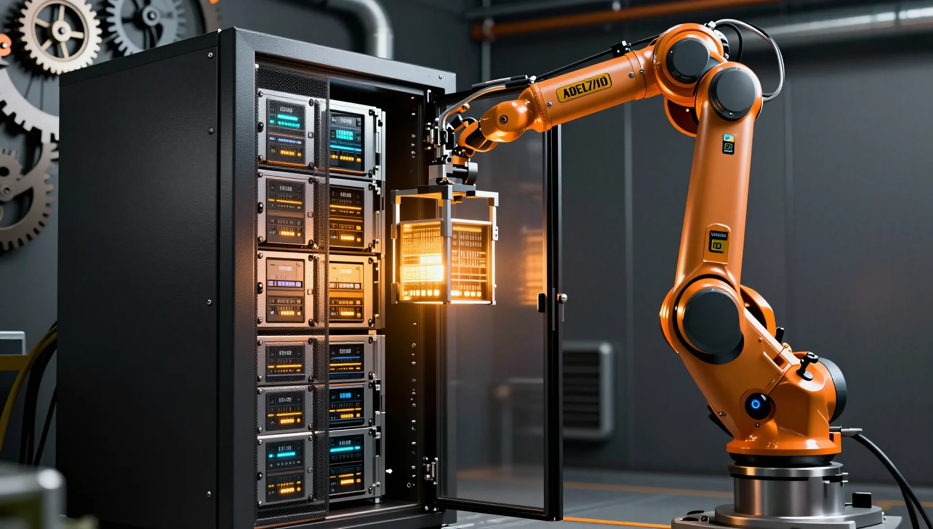 Robotic arm transferring glowing data cube from server to reinforced backup vault
