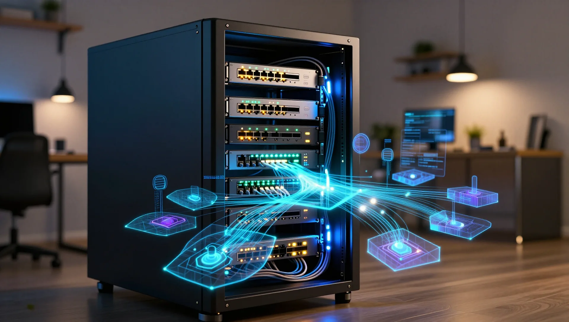 Home server rack with glowing network switches and holographic cloud topology visualization.