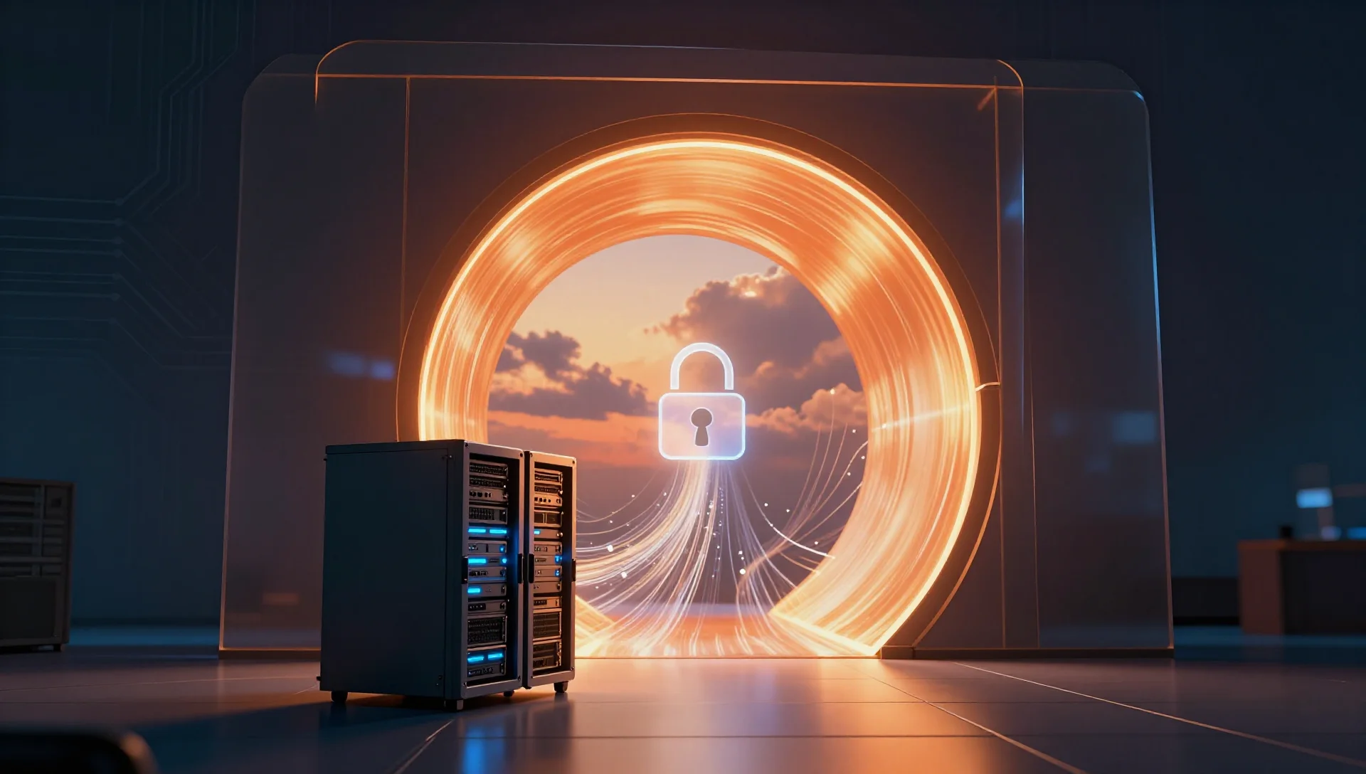 Glowing encrypted tunnel connecting cloud infrastructure to a secure server rack with zero open ports.