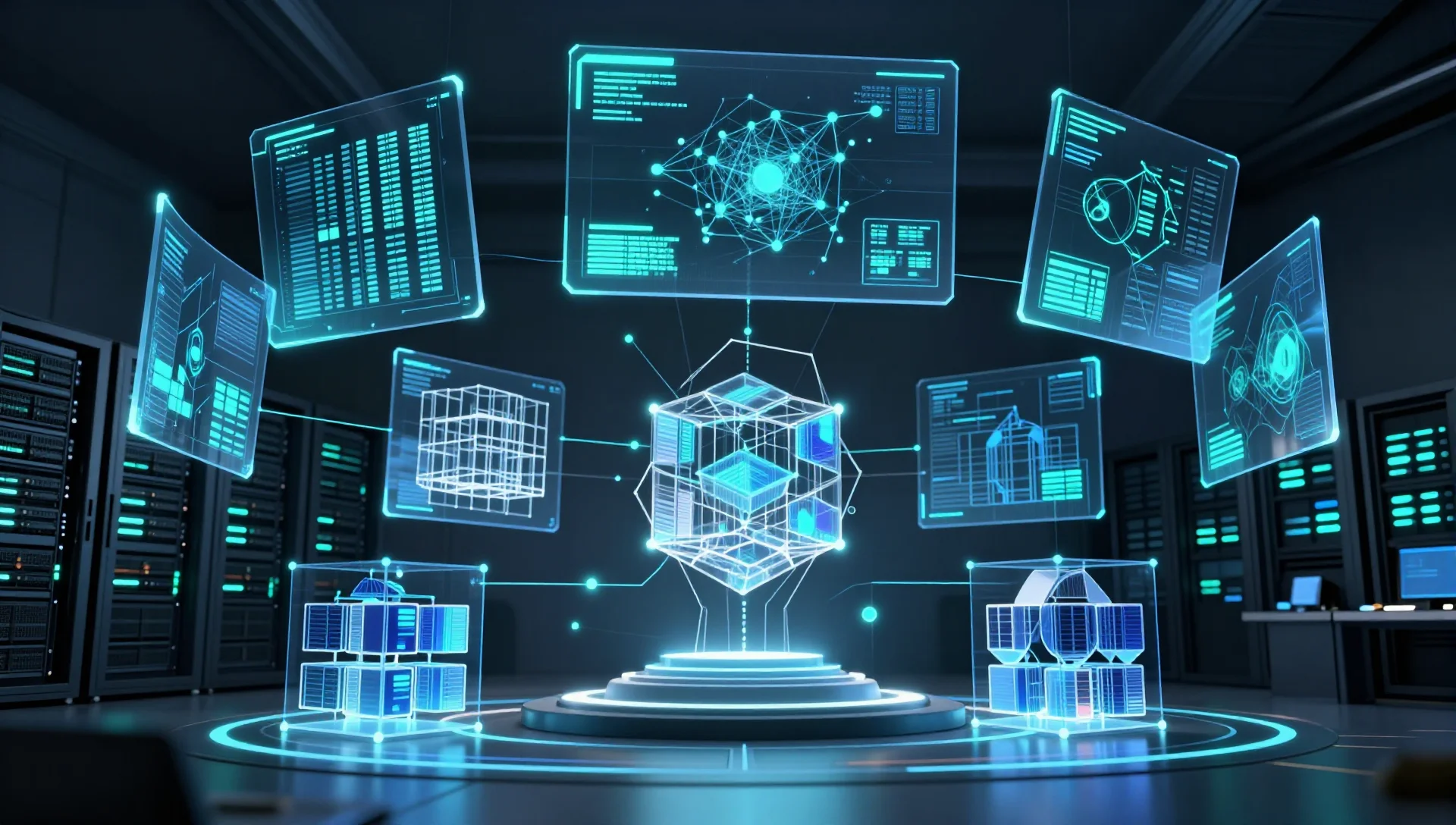 Futuristic server command center with holographic panels managing virtual machines and containers.