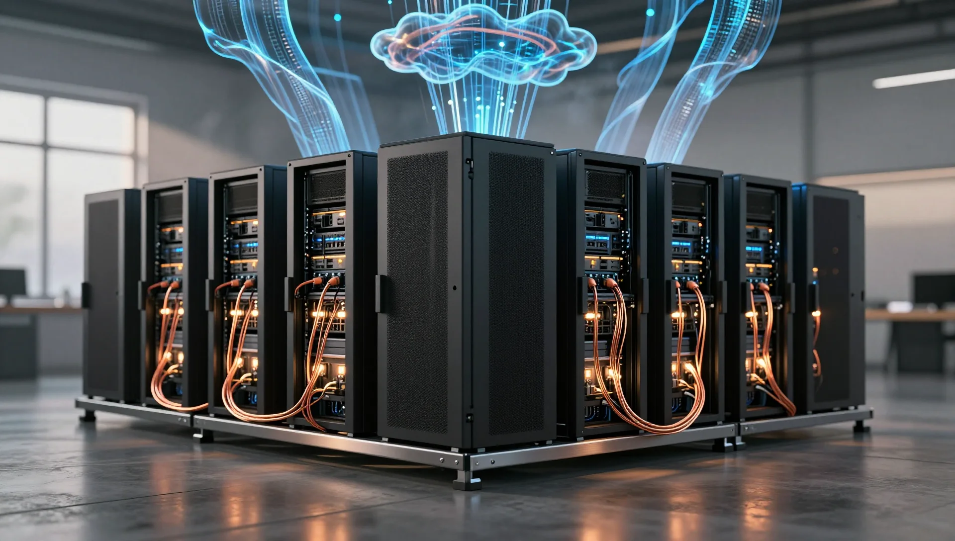 Server towers connected by glowing cables streaming data upward toward an abstract cloud form.