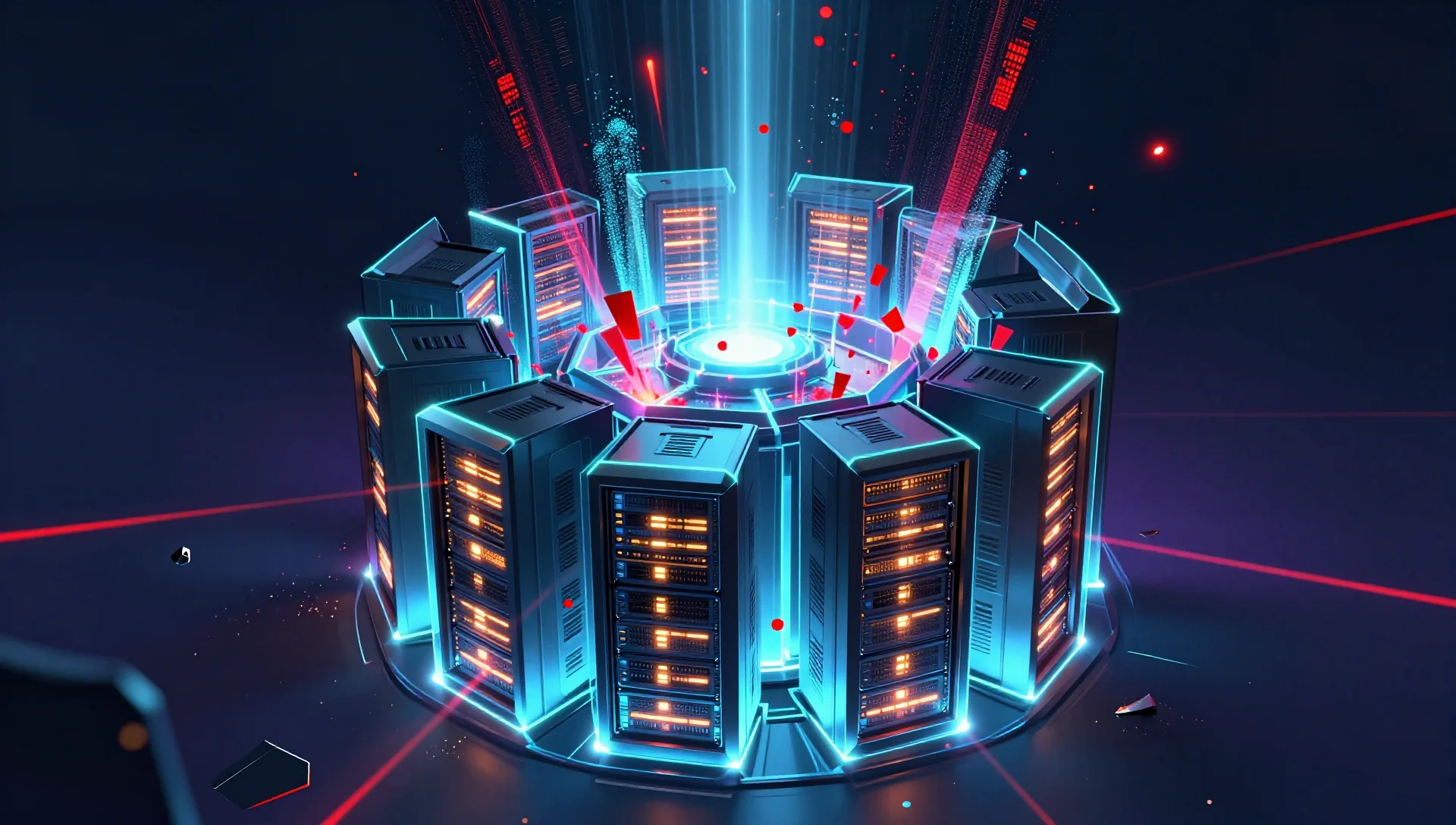 Glowing server cluster shielded by layered digital barriers blocking streams of red intrusion packets.