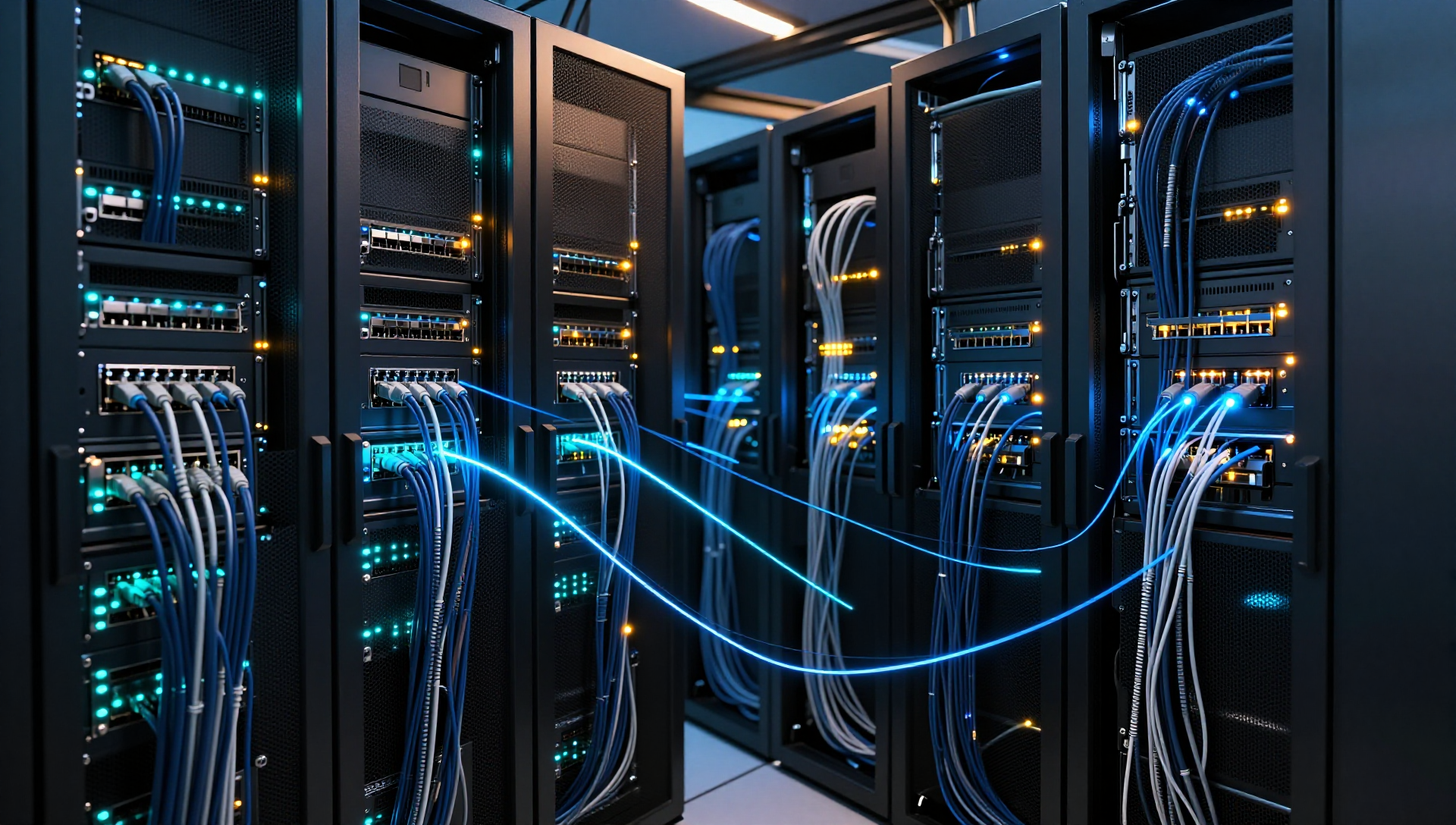 Organized server racks with bundled network cables and glowing blue threads weaving between nodes in a dim server room.