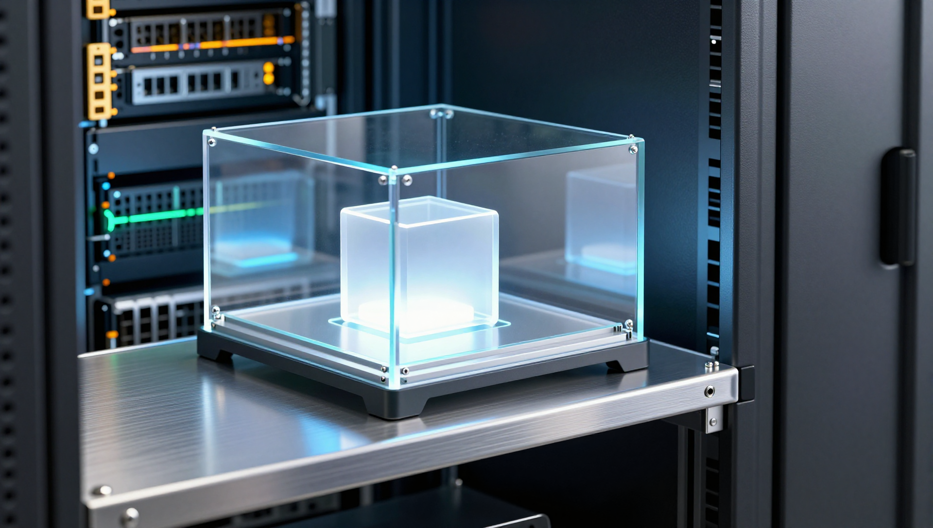 A glowing glass container cube inside a protective metal lattice in a dark datacenter aisle.