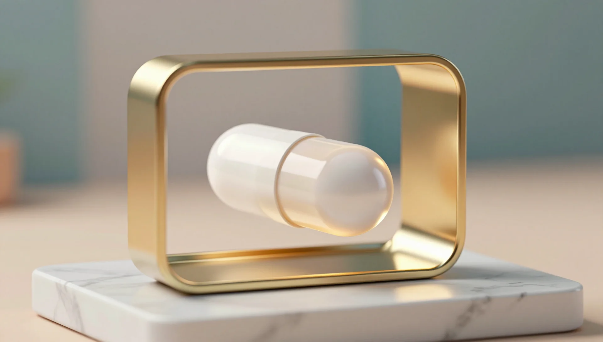 A glowing pearl-white capsule floats inside an open gold frame on a marble surface.