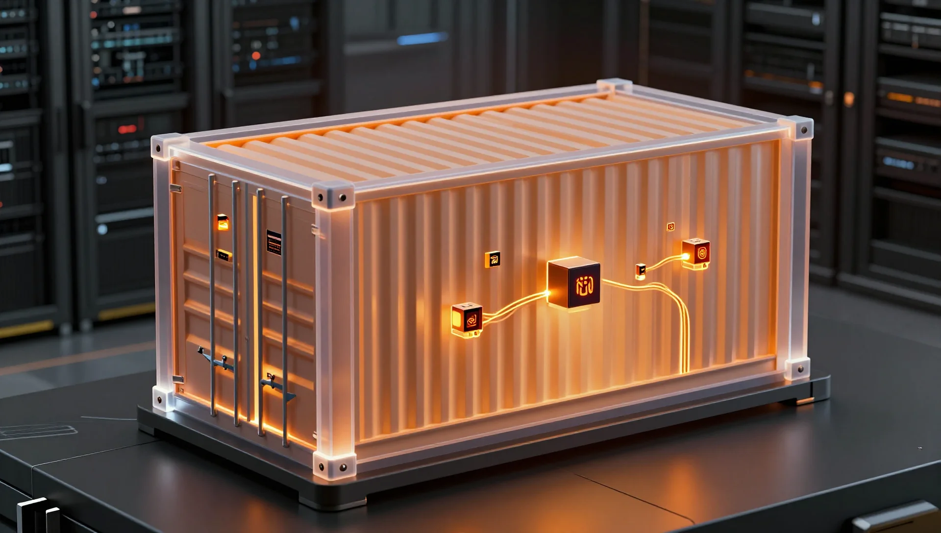 Nested containers with glowing orange inner container holding application cubes