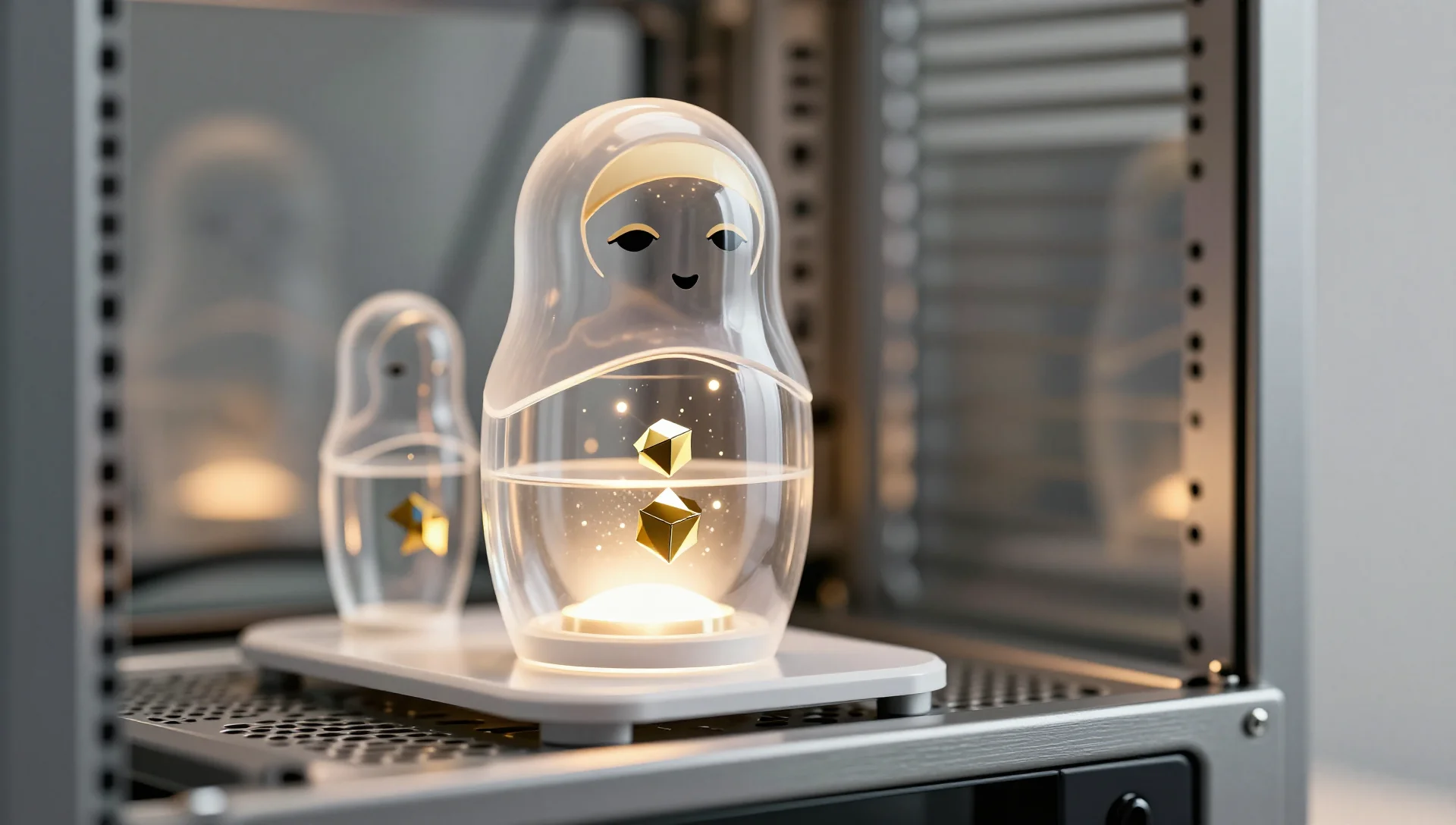 A glass terrarium showing nested LXC containers with glowing Docker icons inside a server rack