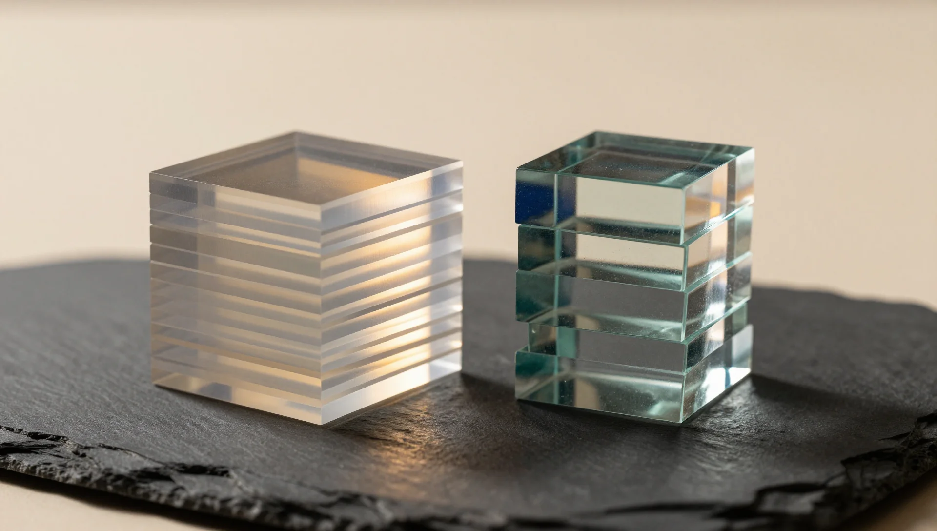 Two stacks on charcoal stone: ten slim translucent layers beside five chunky glass blocks.