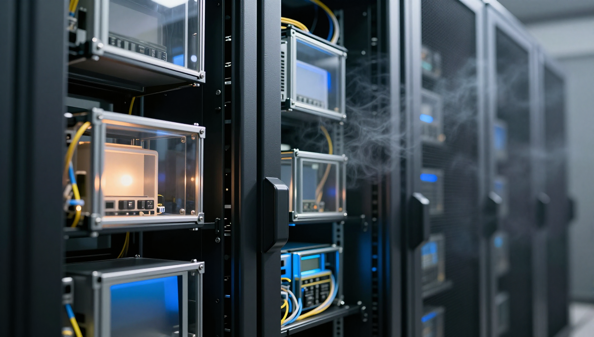 Server rack with separate glass containers glowing softly in a dark data center corridor.