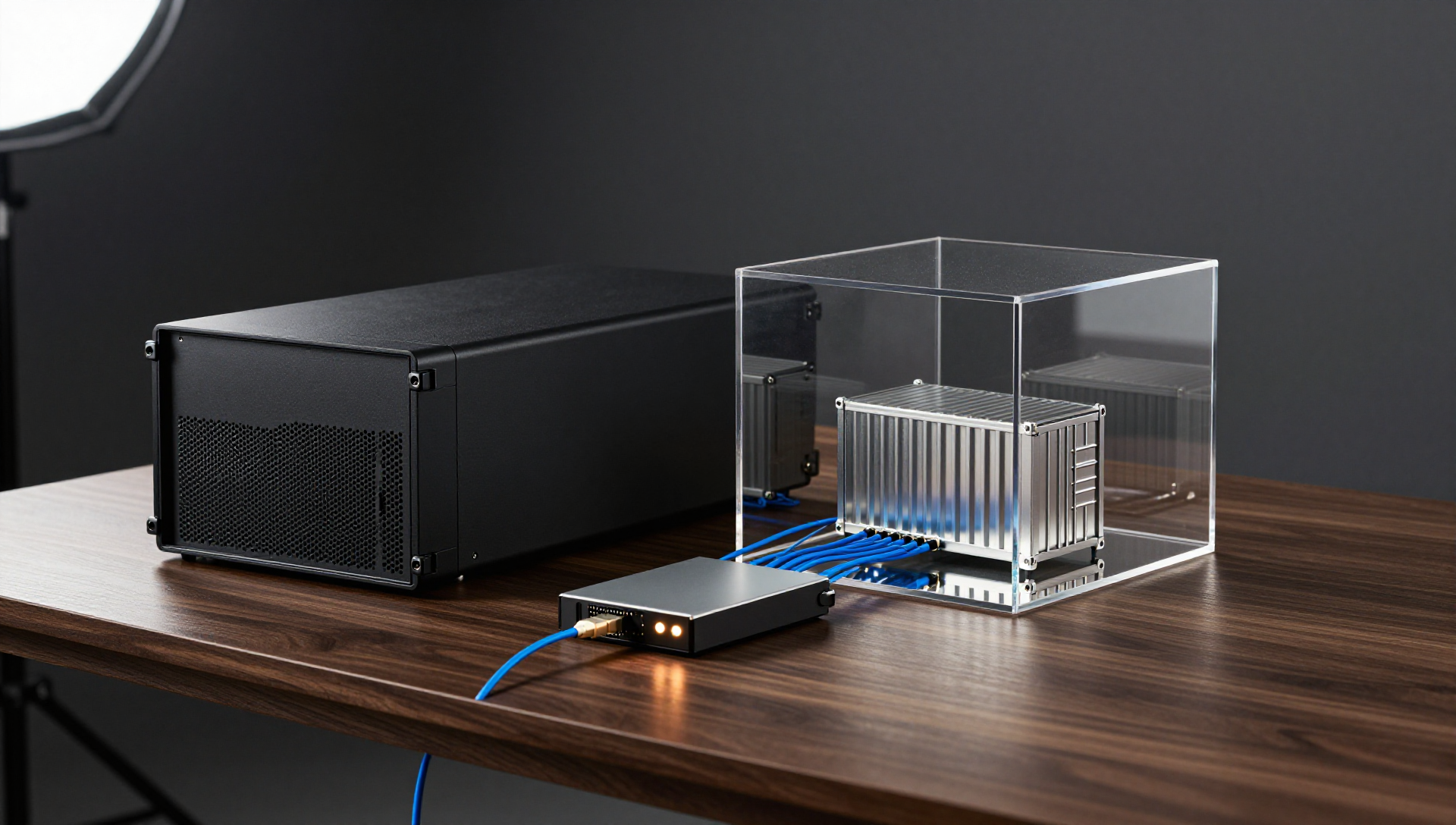 Matte black server, glass cube with miniature containers, fiber cables, and backup drive on dark desk.