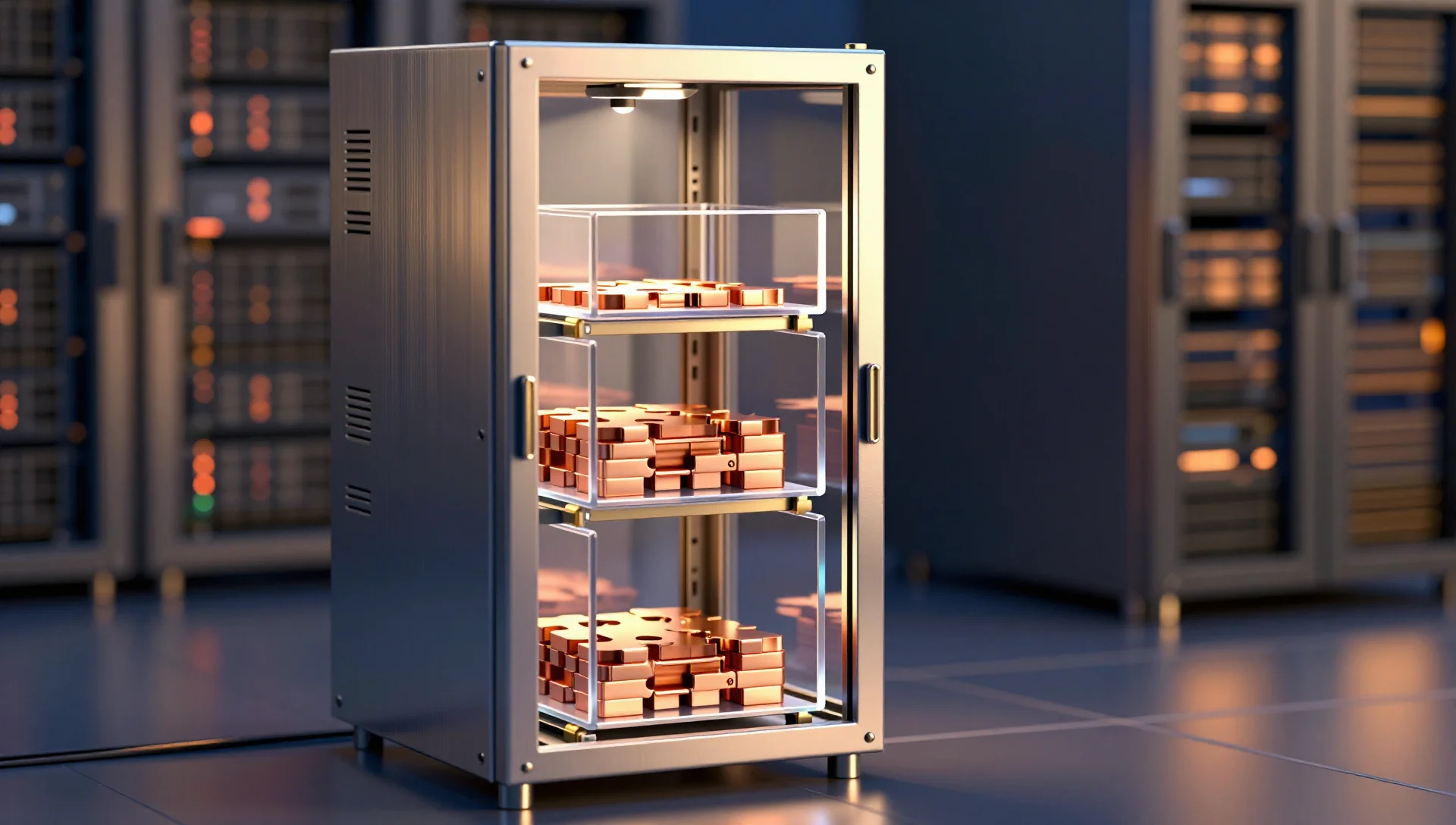 Stacked translucent storage layers inside a glass server cabinet