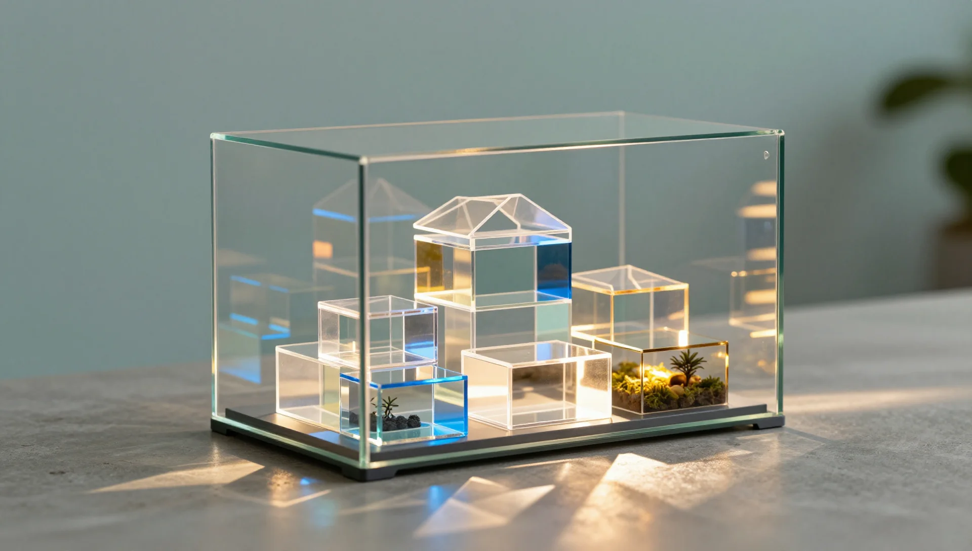 Glass terrarium with layered transparent boxes glowing softly inside