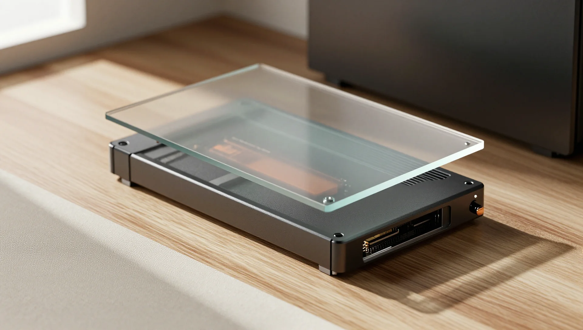 Two transparent storage layers hovering over server drives, one frosted and clear.