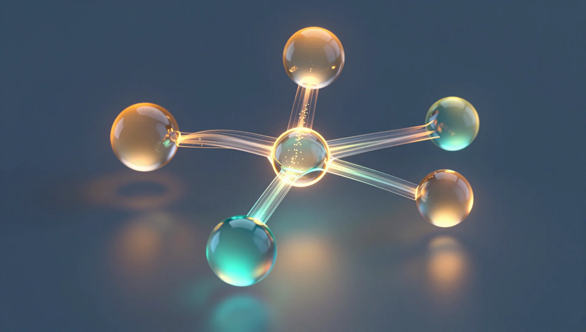 Glowing glass nodes connected by flowing light paths illustrating dynamic workload distribution.