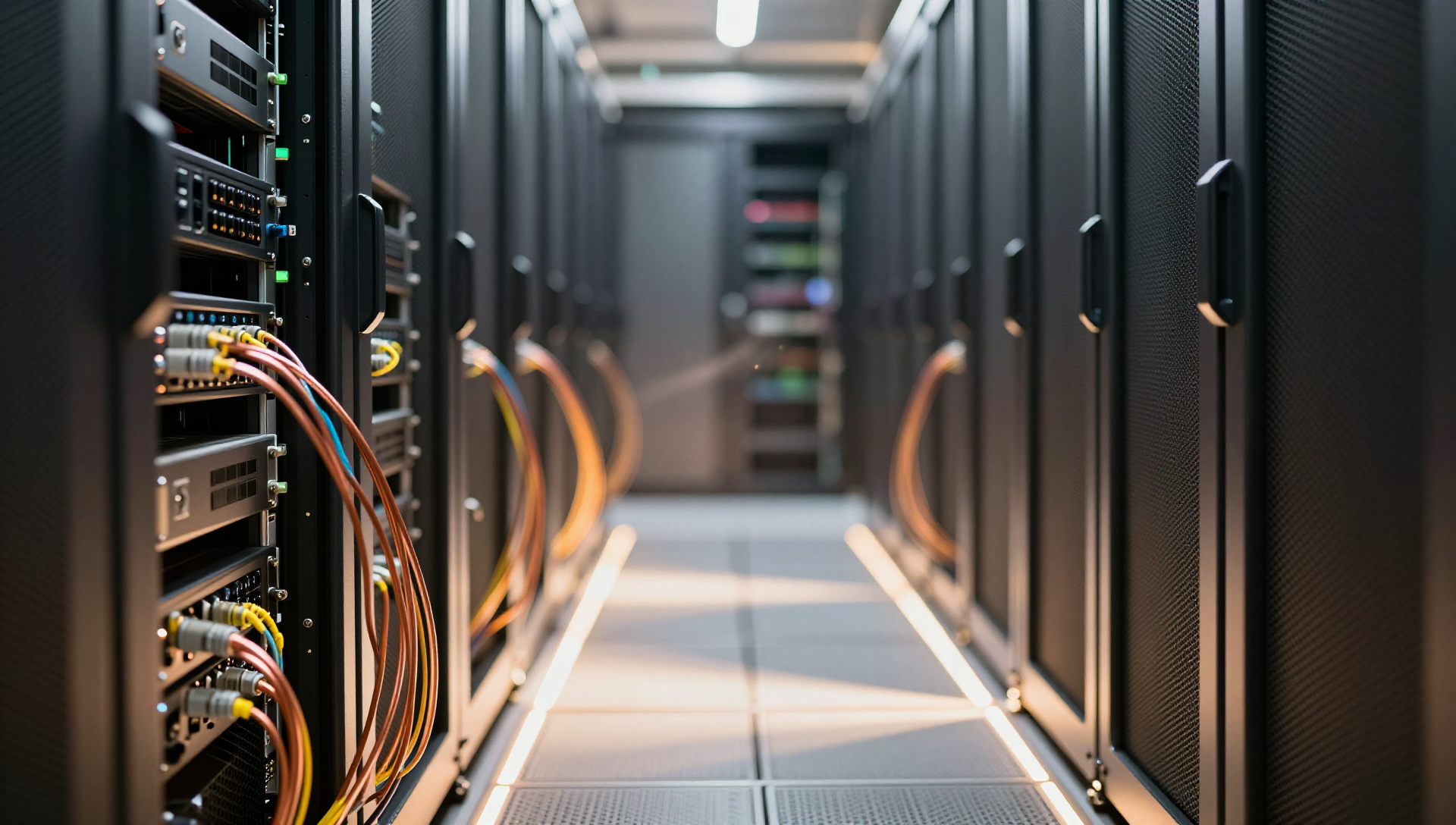 Rows of black server racks joined by glowing cables forming a curved migration path in a modern data center.