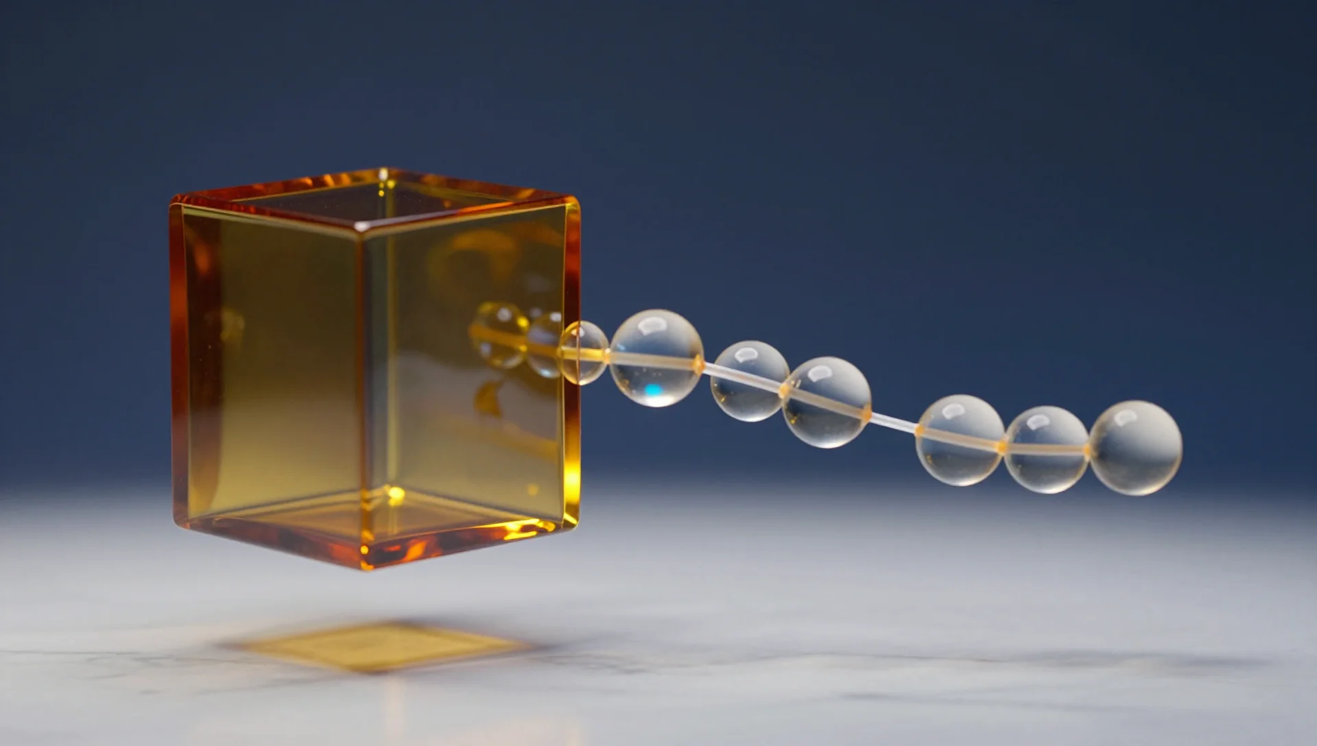 A solid glass cube beside a chain of connected spheres against blue-gray tones.