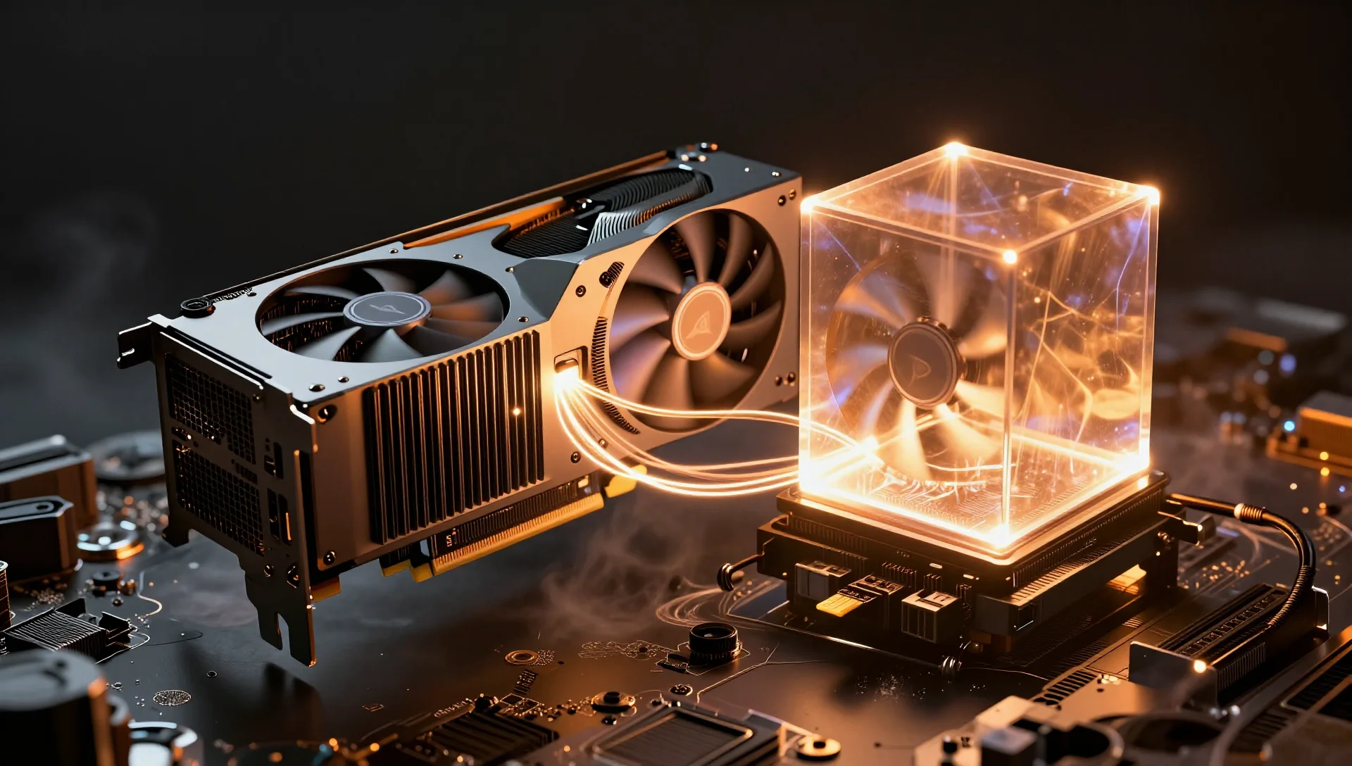 GPU card connected by orange energy conduits directly to a virtual machine container