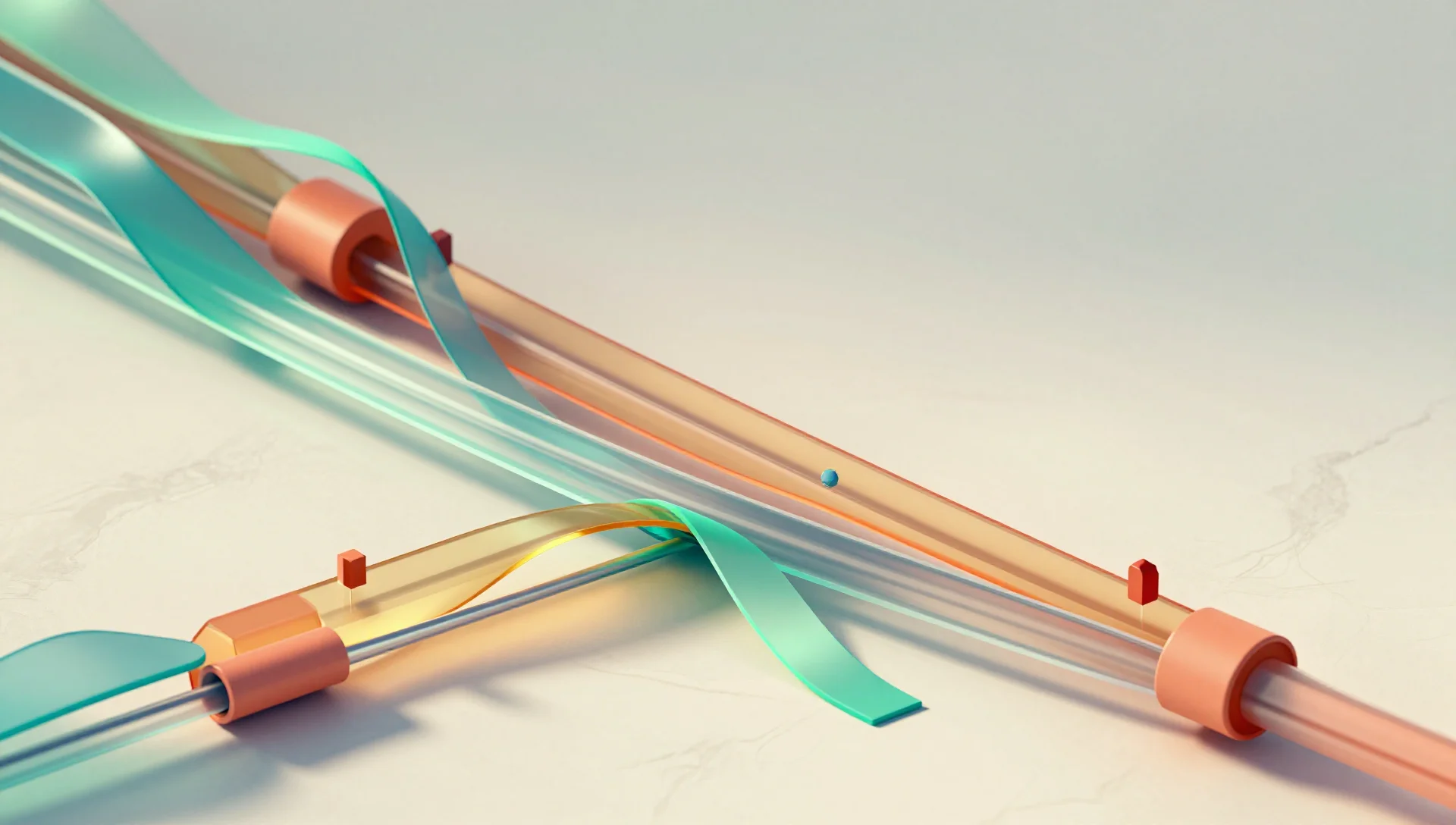 Colored ribbons flowing through transparent channels representing tagged network traffic on trunk ports