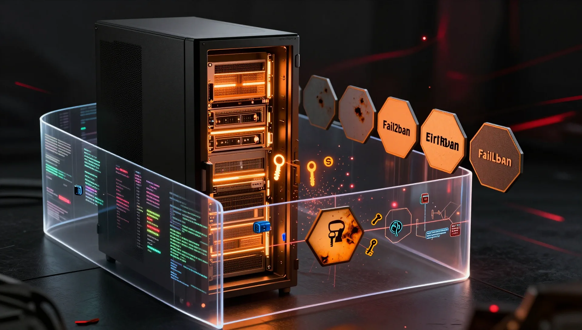 Fortified server with firewall barriers deflecting attacks and secure SSH entry point