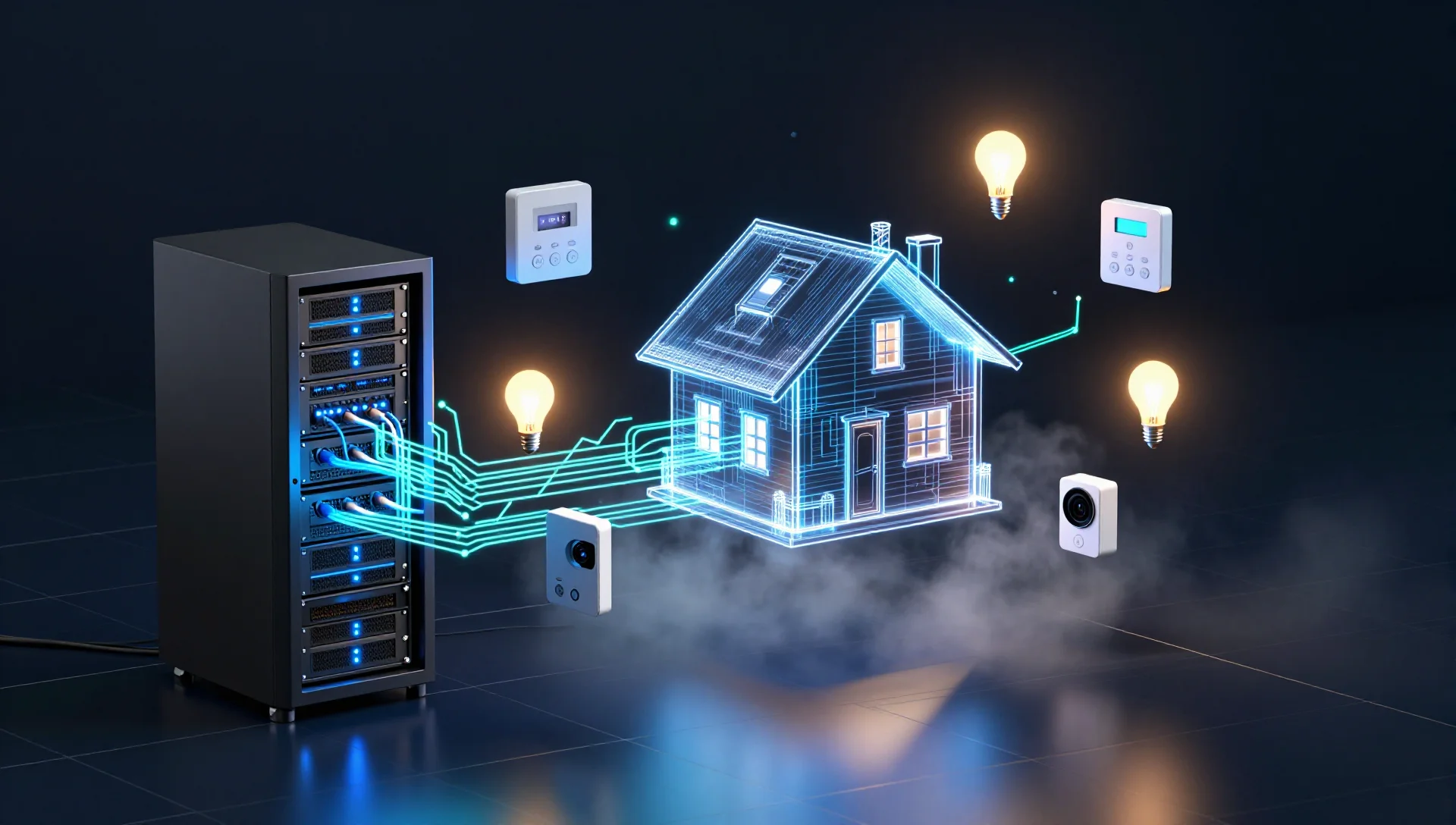 Glowing server rack connected by data streams to a smart home blueprint with orbiting IoT devices