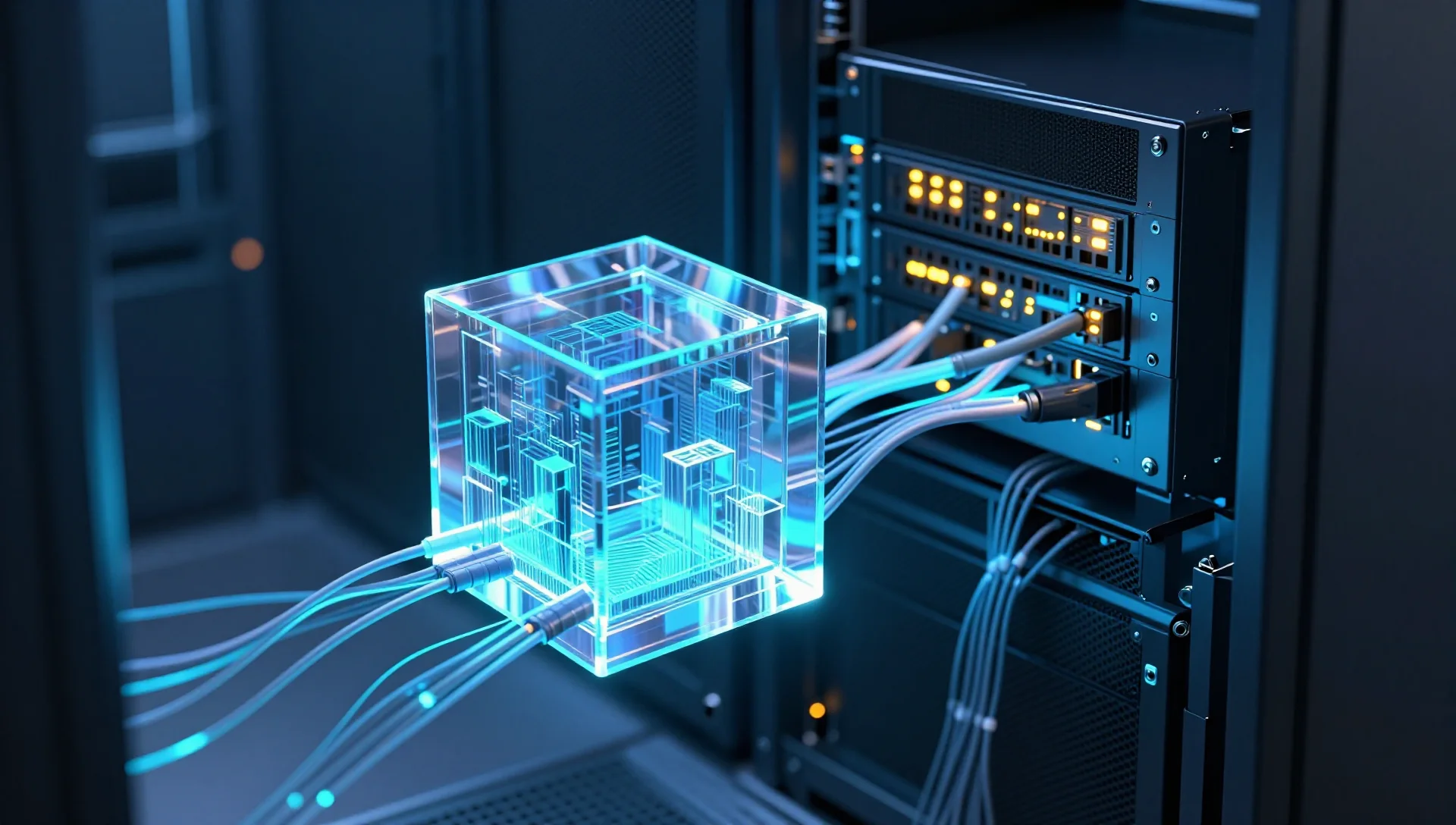 Glowing server nodes connected by light beams with a floating translucent storage block in foreground.