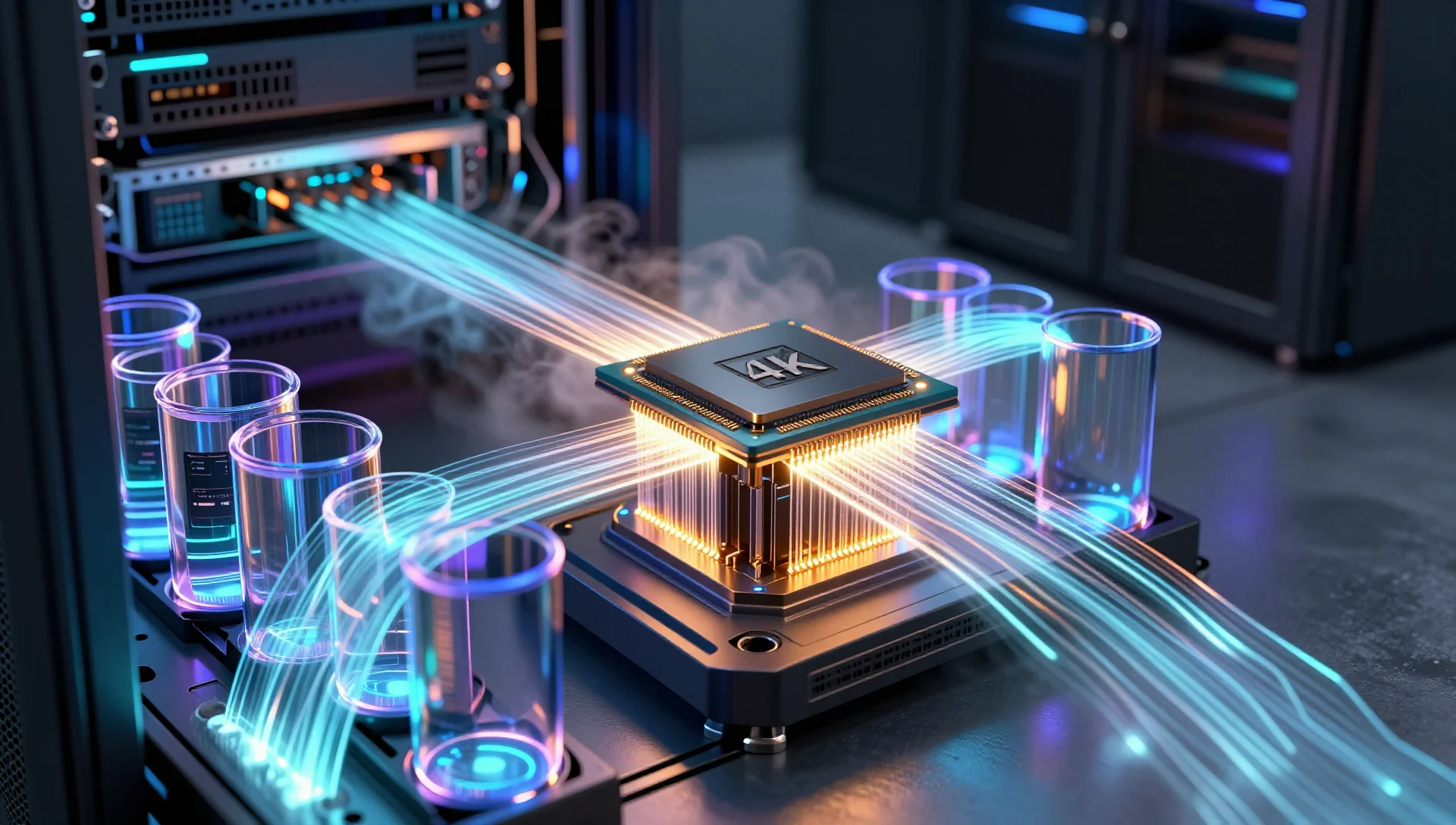 Glowing server rack with film streams flowing through a central silicon chip, representing hardware video transcoding.
