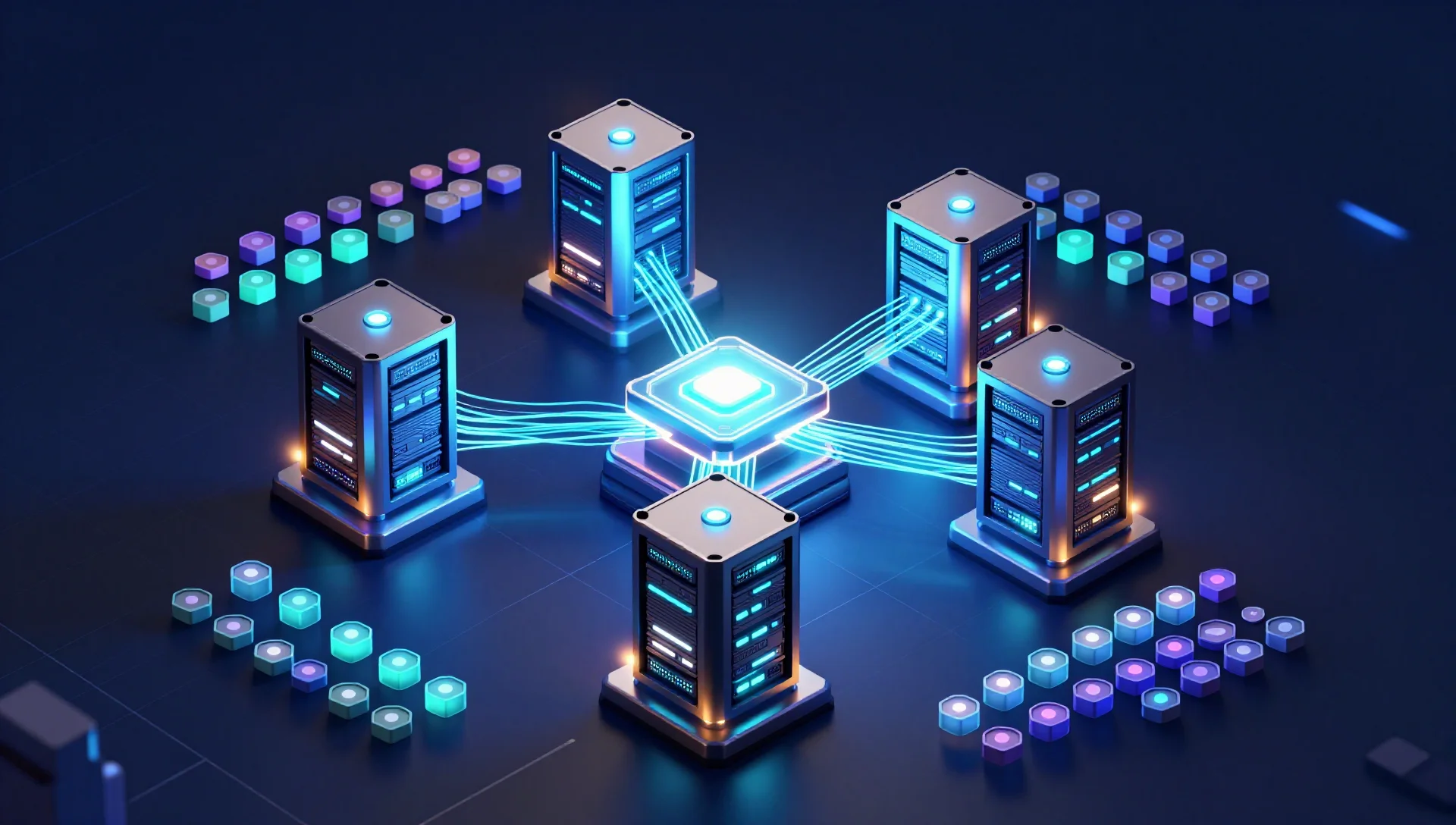 Three interconnected server nodes forming a Kubernetes cluster with glowing data streams and floating container pods.