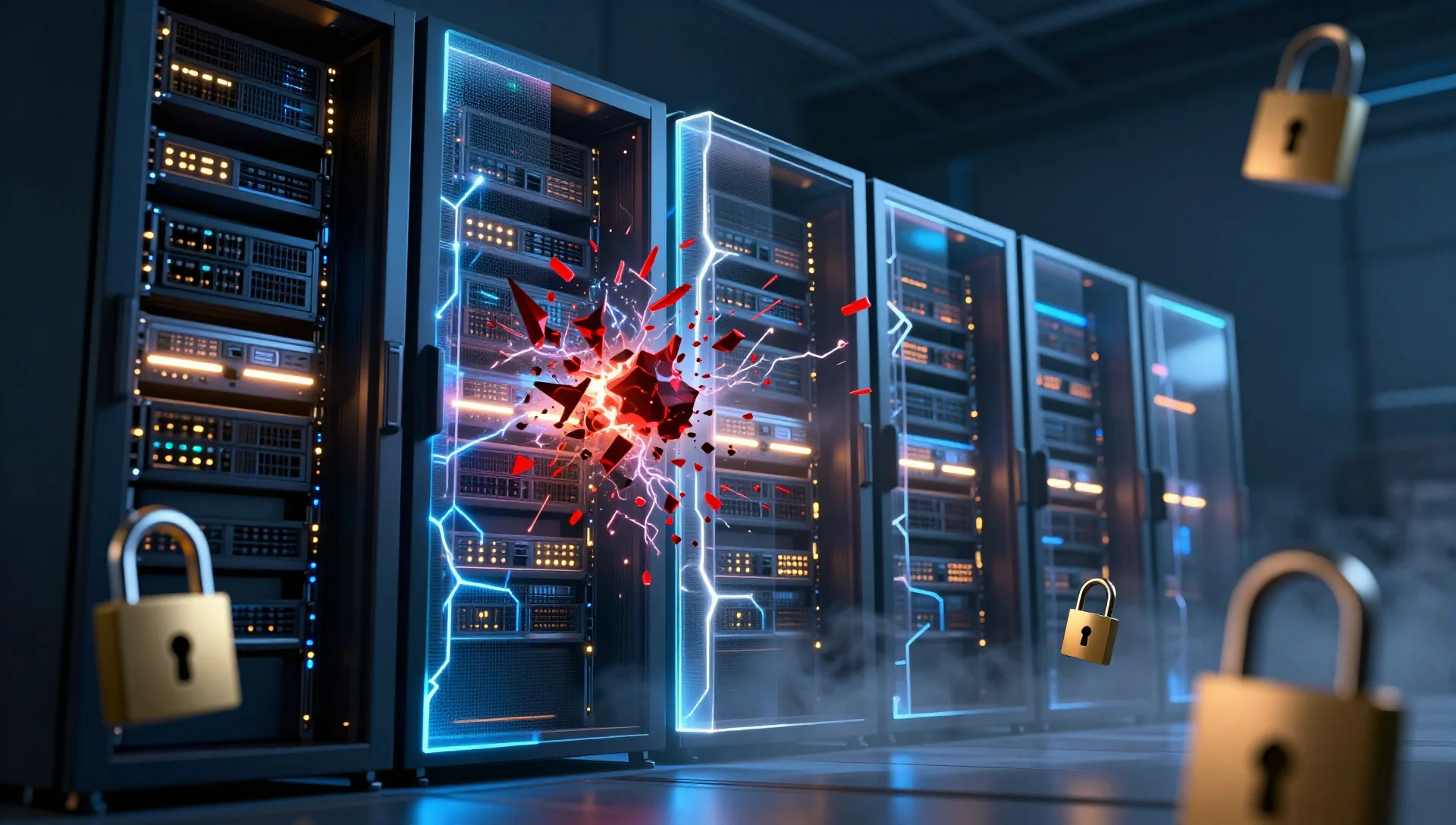 Fortified glowing server rack protected by energy shields against abstract security threats.