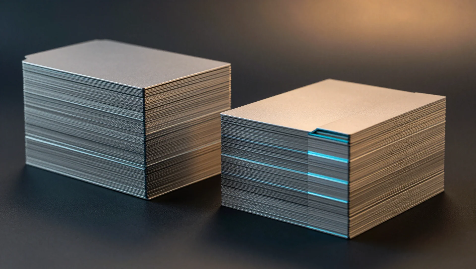 Two stacks of metallic plates representing LVM-thin versus ZFS storage layers suspended in soft amber light against a dark background.
