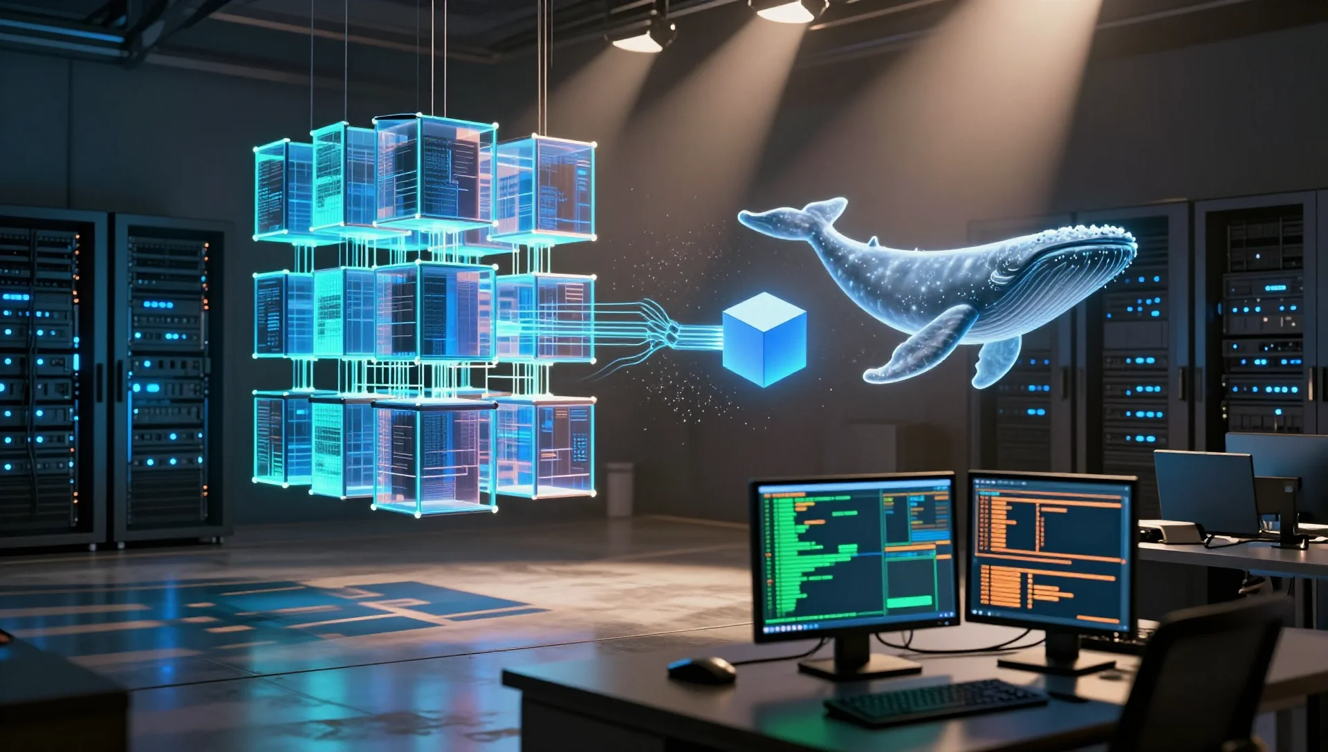 Holographic LXC container cubes replacing a fading Docker whale in a glowing server room.