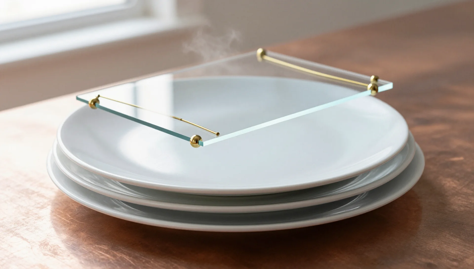 Stacked ceramic plates beneath floating acrylic sheets held by brass rods.