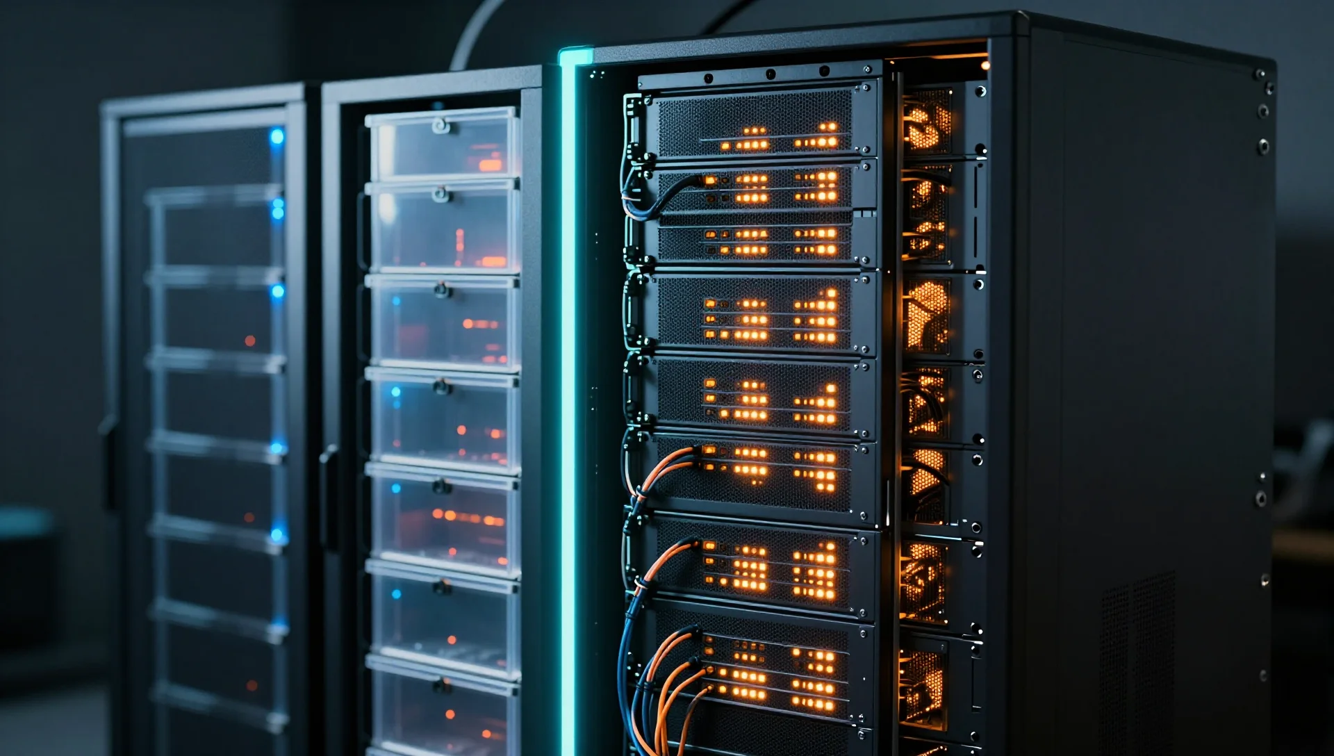 Two server rack sections side by side comparing lightweight containers versus full virtual machines.