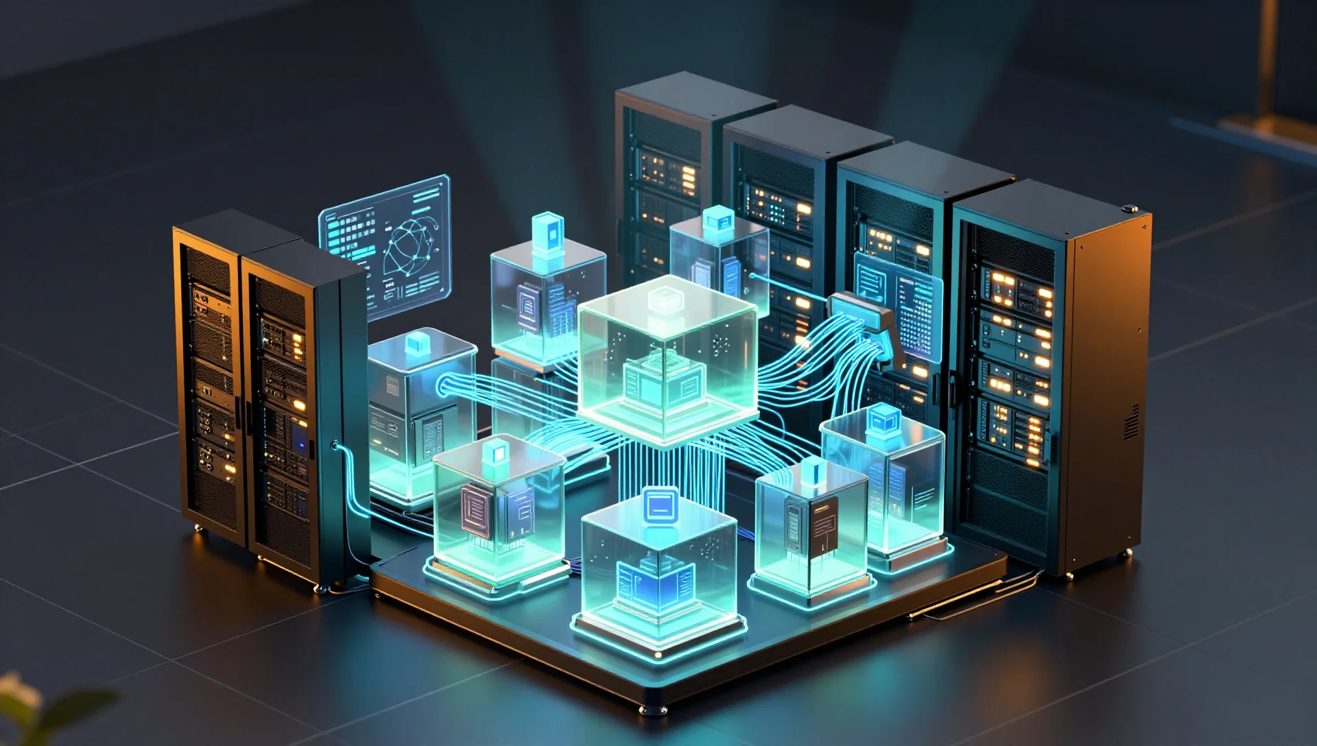 Isometric glowing containers nested within a server rack, connected by blue data streams.