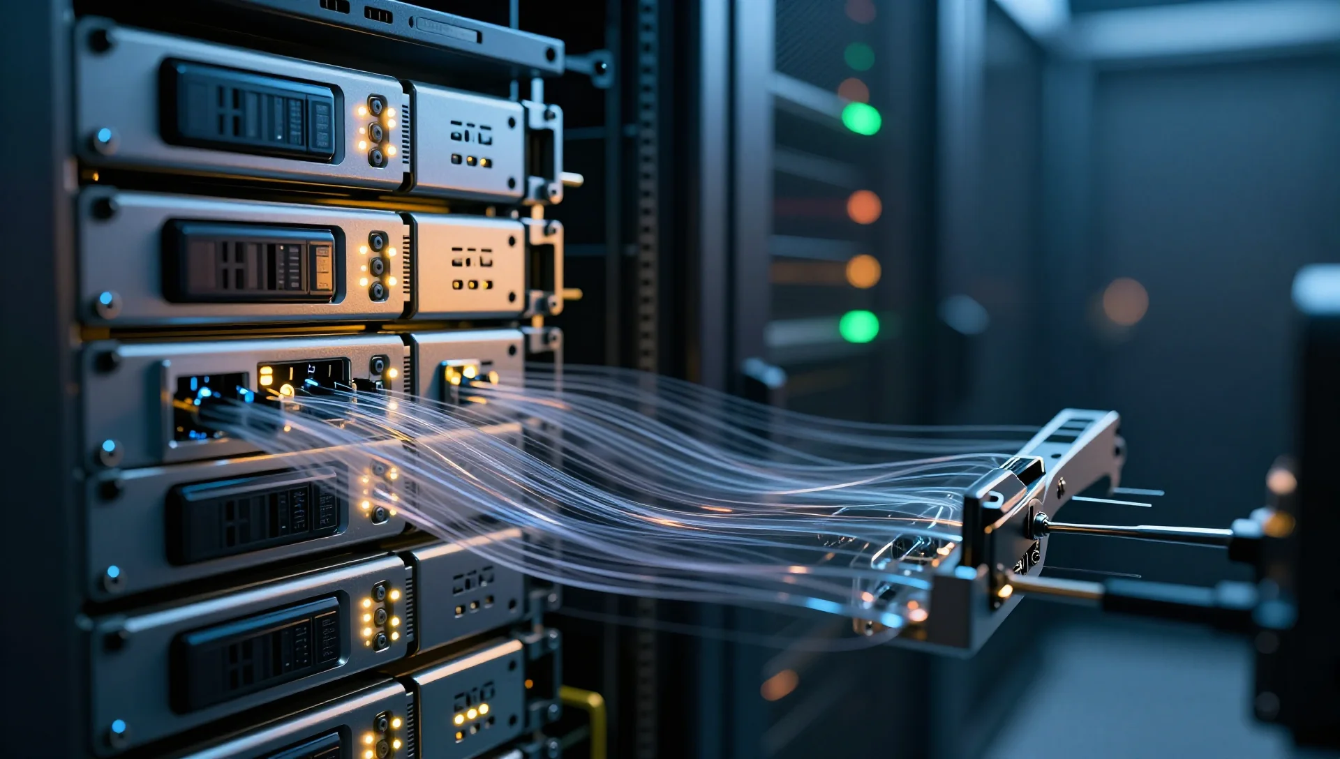 Server hard drives in a rack with glowing data streams flowing between two systems during migration.