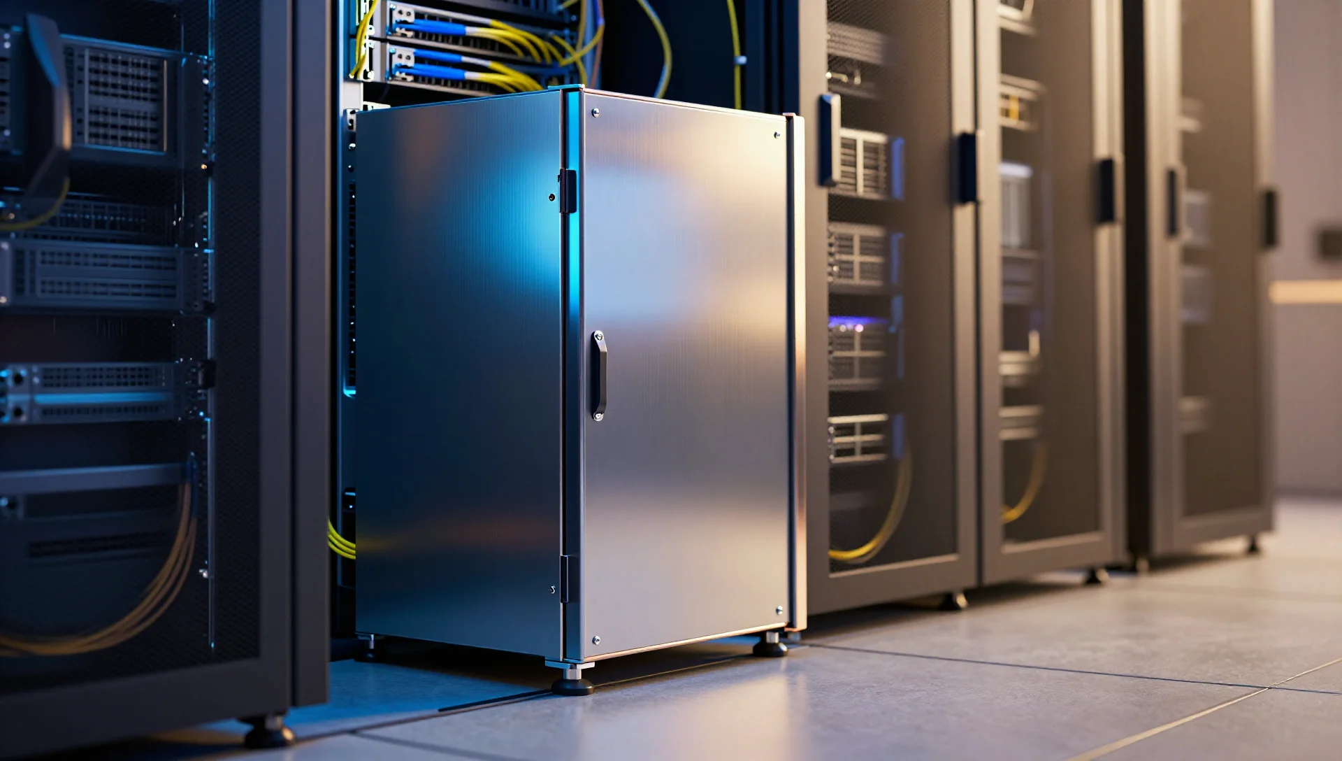 Chrome server rack lit by cool blue and warm amber lights at a three-quarter angle.