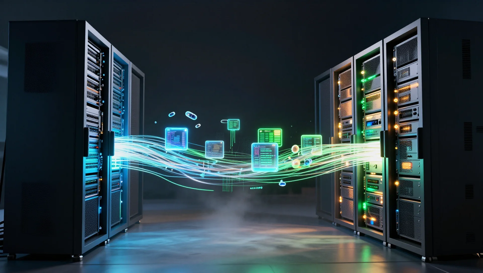 Two server towers connected by glowing data streams representing virtual machine migration.