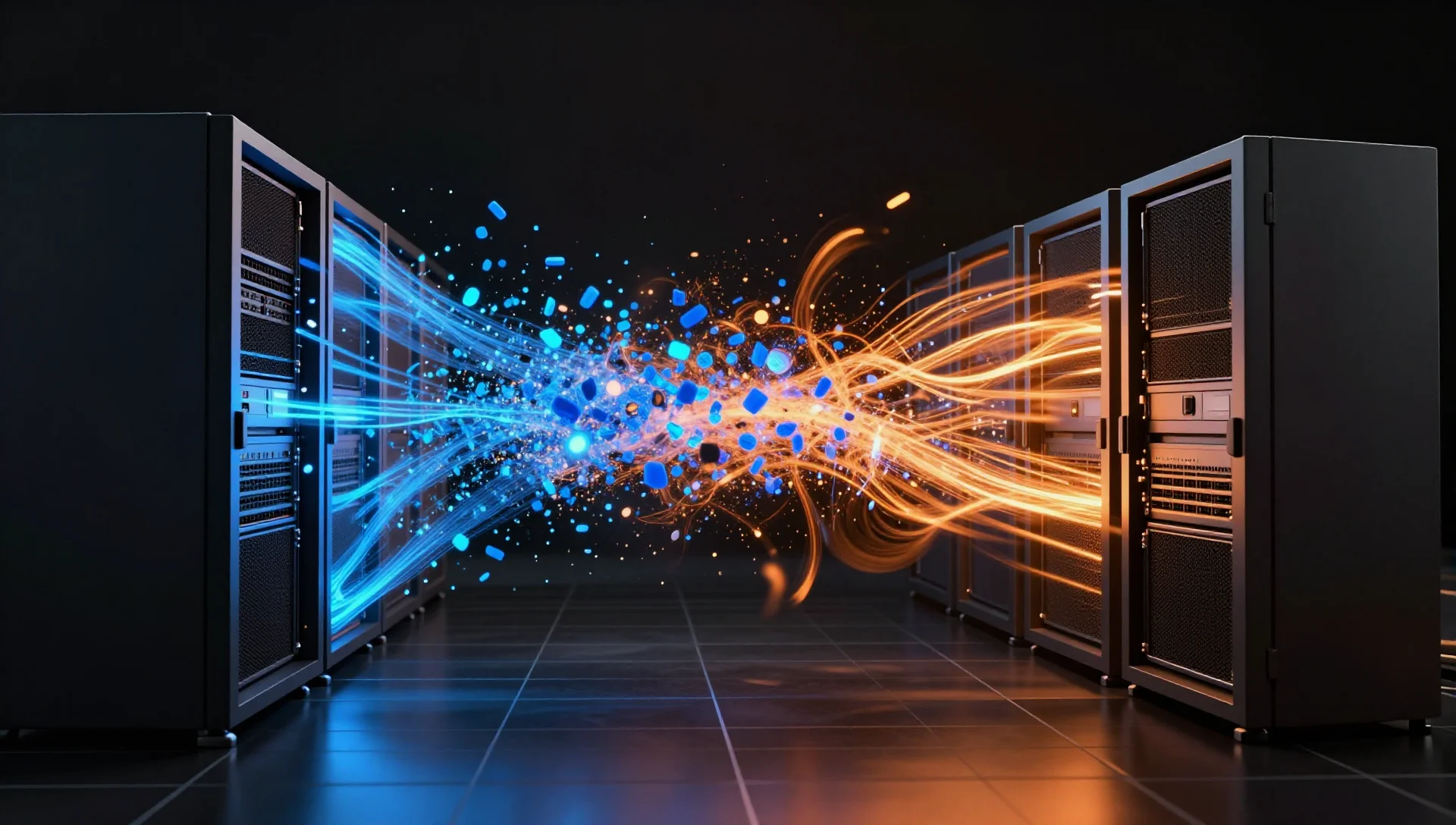 Data particles migrating between two server platforms from blue to orange