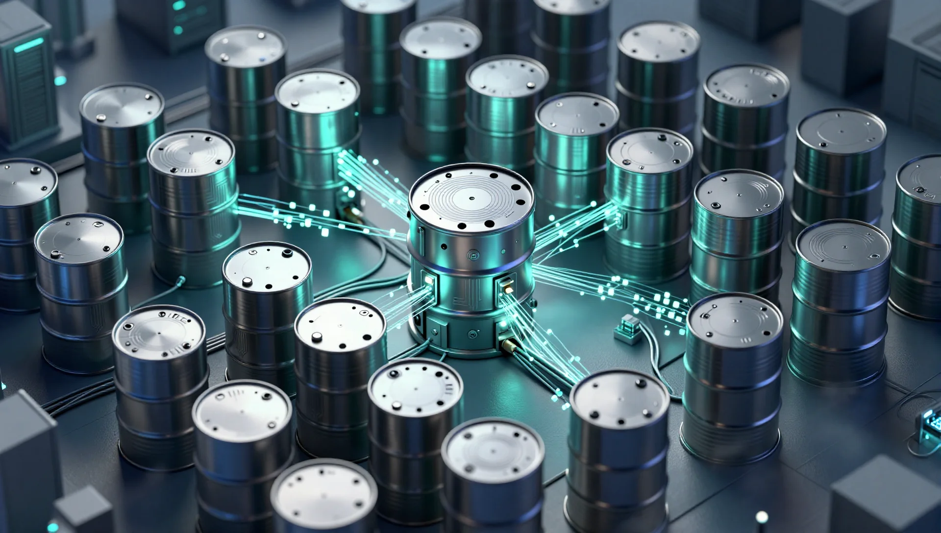 Isometric miniature data center of stacked storage buckets with glowing data streams flowing into a central vault.