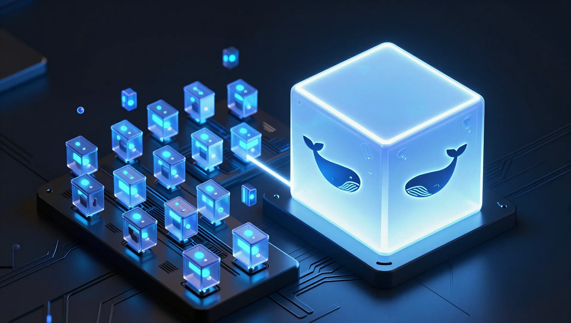 Isometric comparison of multiple small containers versus one large virtual machine server architecture.