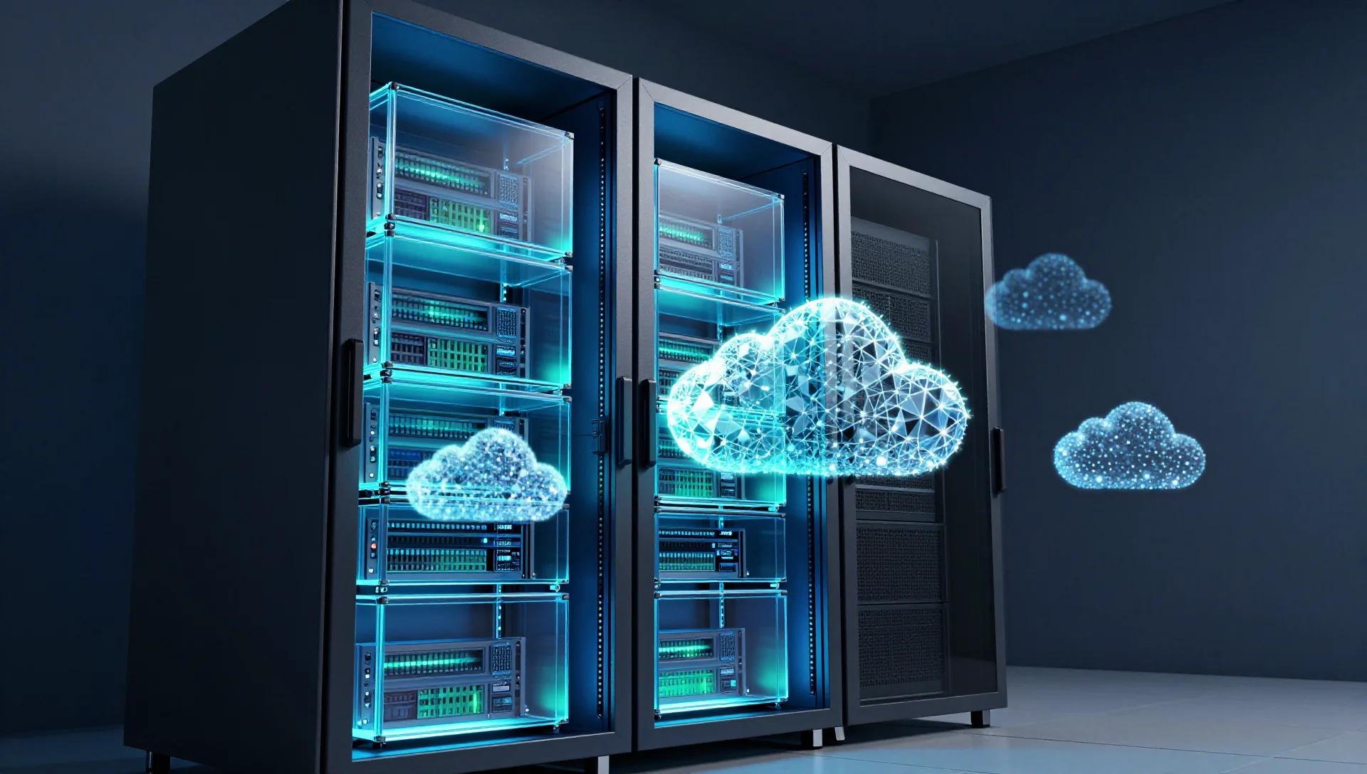 Glowing server rack with containerized cloud storage visualization in a modern data center