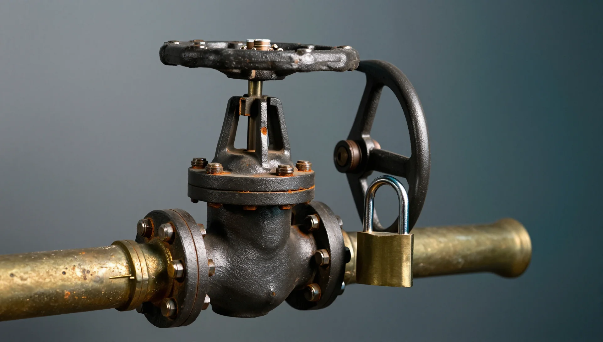Unlocked industrial gate valve with a lone padlock, symbolizing a locked-down device file.