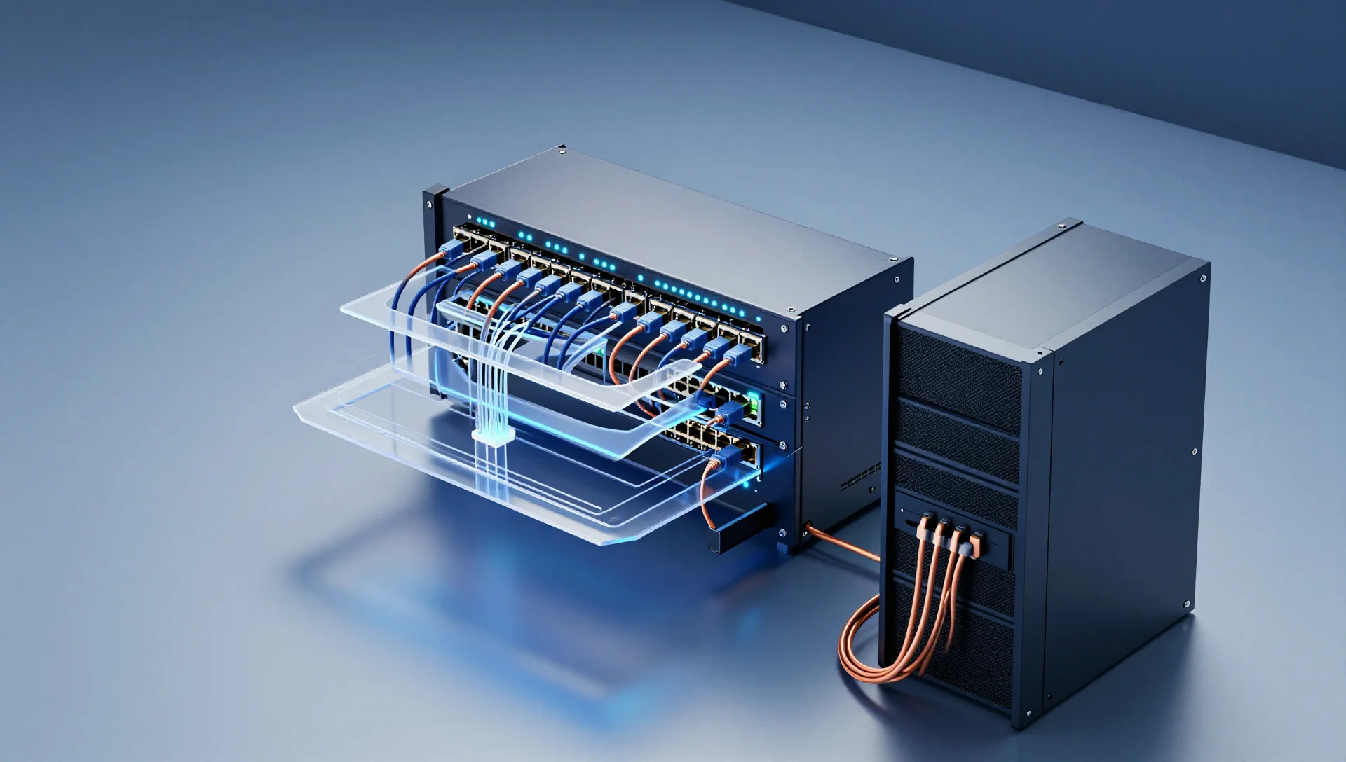 A sleek network switch with glowing LEDs connected by colorful cables representing VLAN segmentation in a modern data center