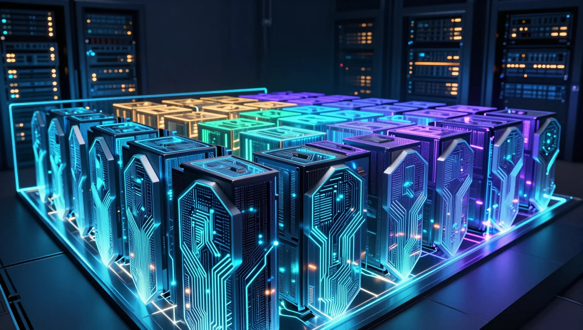 Glowing digital firewall shield with layered VLAN network segments in a dark server room.