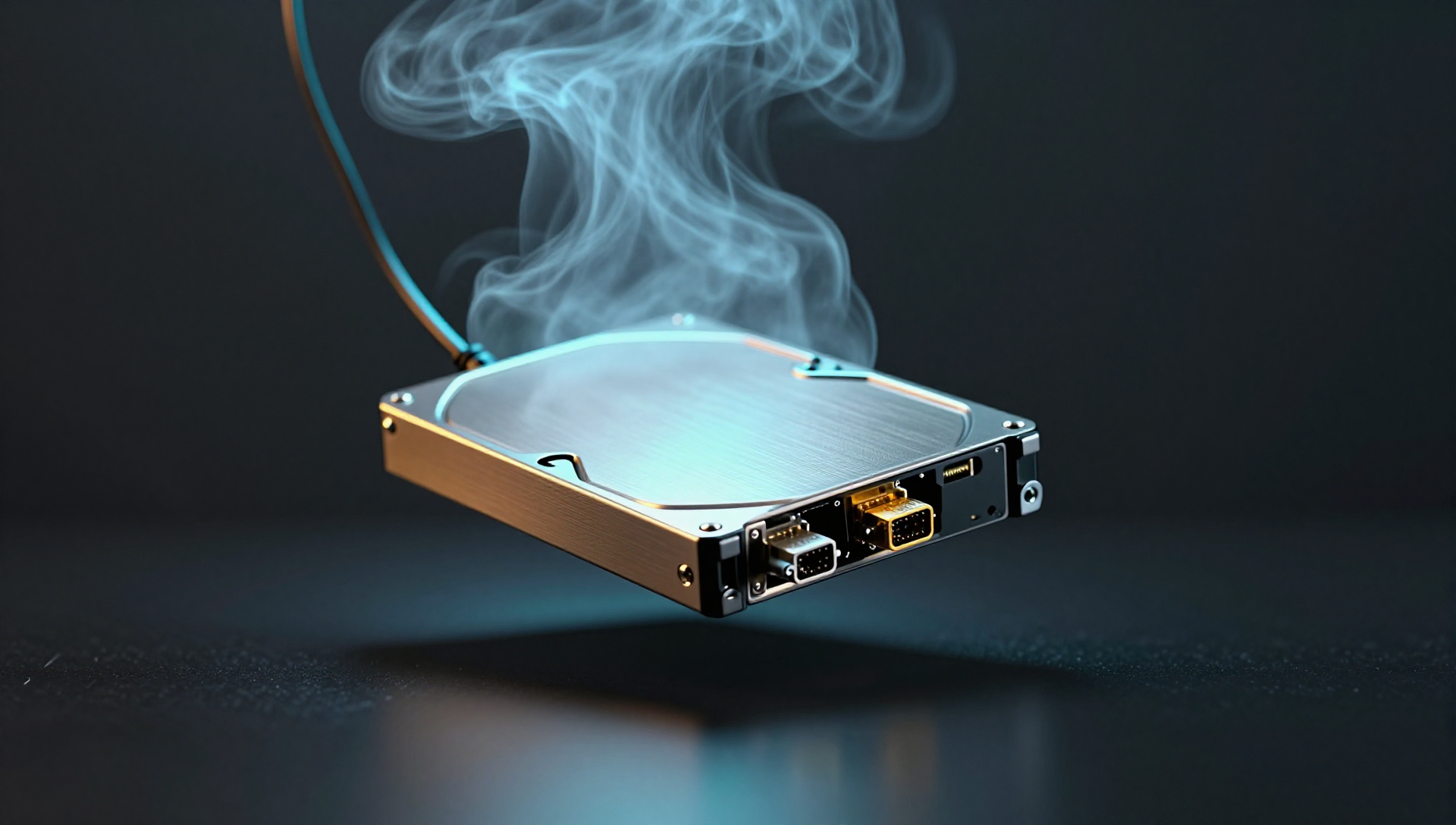 A steel storage drive floating above a reflective table, connected by a cable to a glowing blue cloud.
