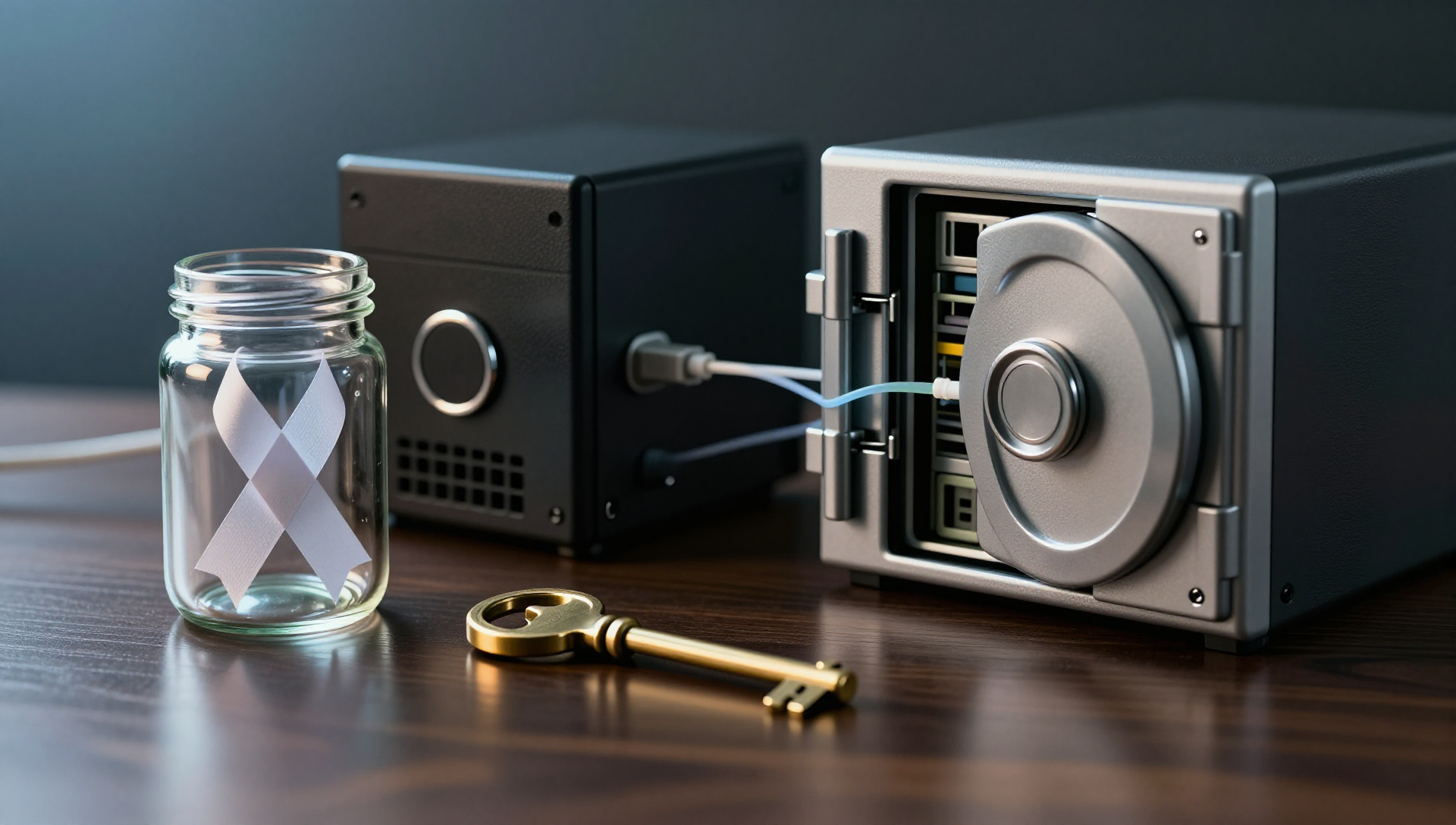 Silver server rack, black storage cube, brass probe, and open vault on dark desk.