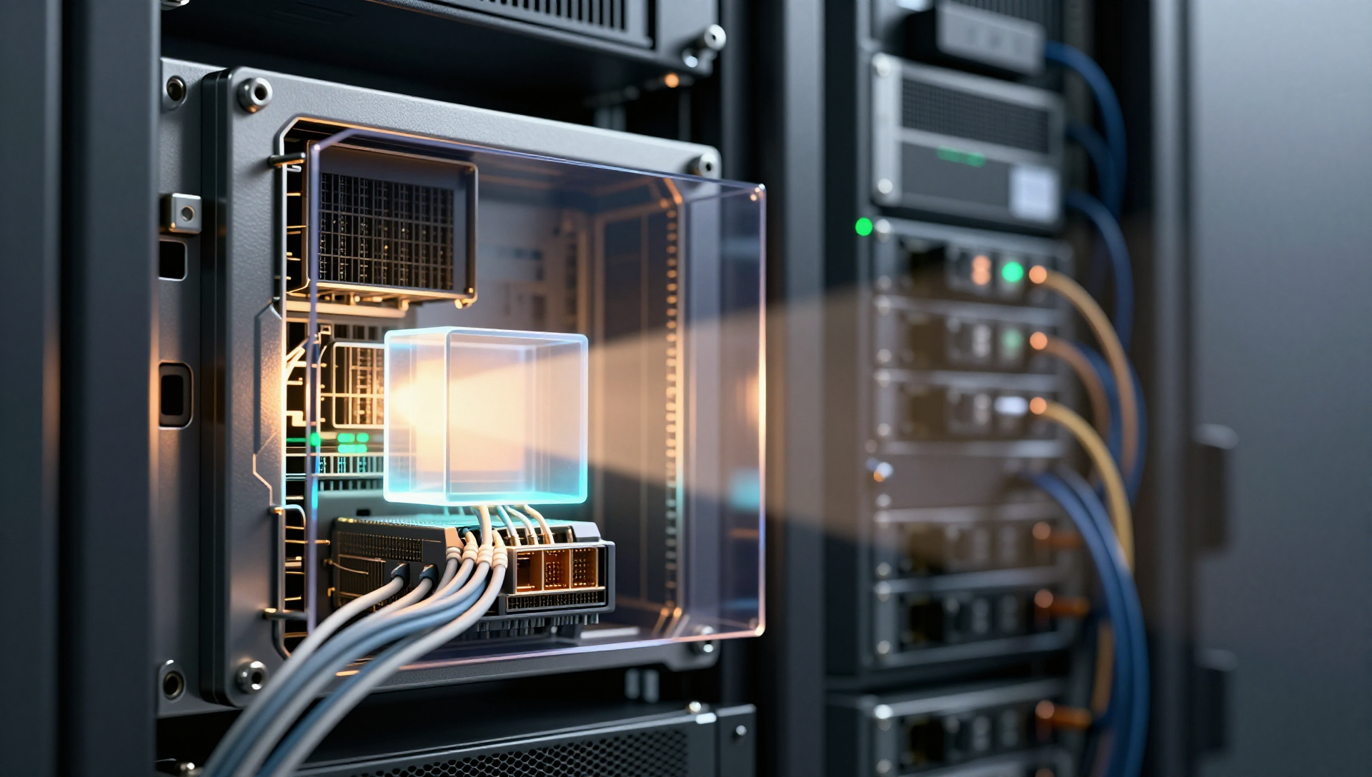 A glowing server rack with an amber beam restoring a translucent virtual machine cube in a dark data center.
