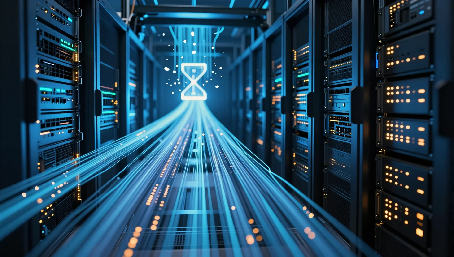 Parallel streams of glowing data flowing simultaneously from server racks to offsite destinations.